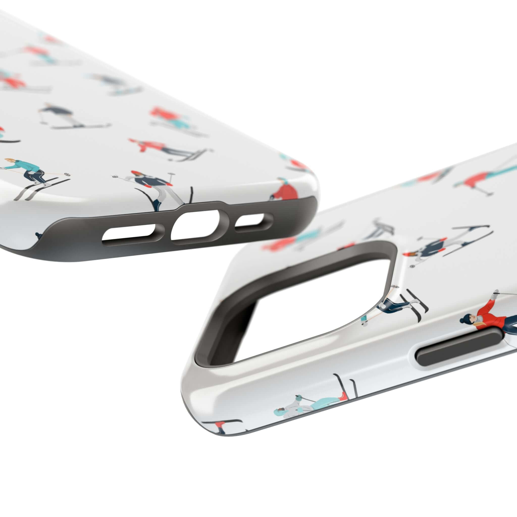 Cute phone cover featuring skiers design, perfect iPhone case for winter sports lovers on snowy slopes.