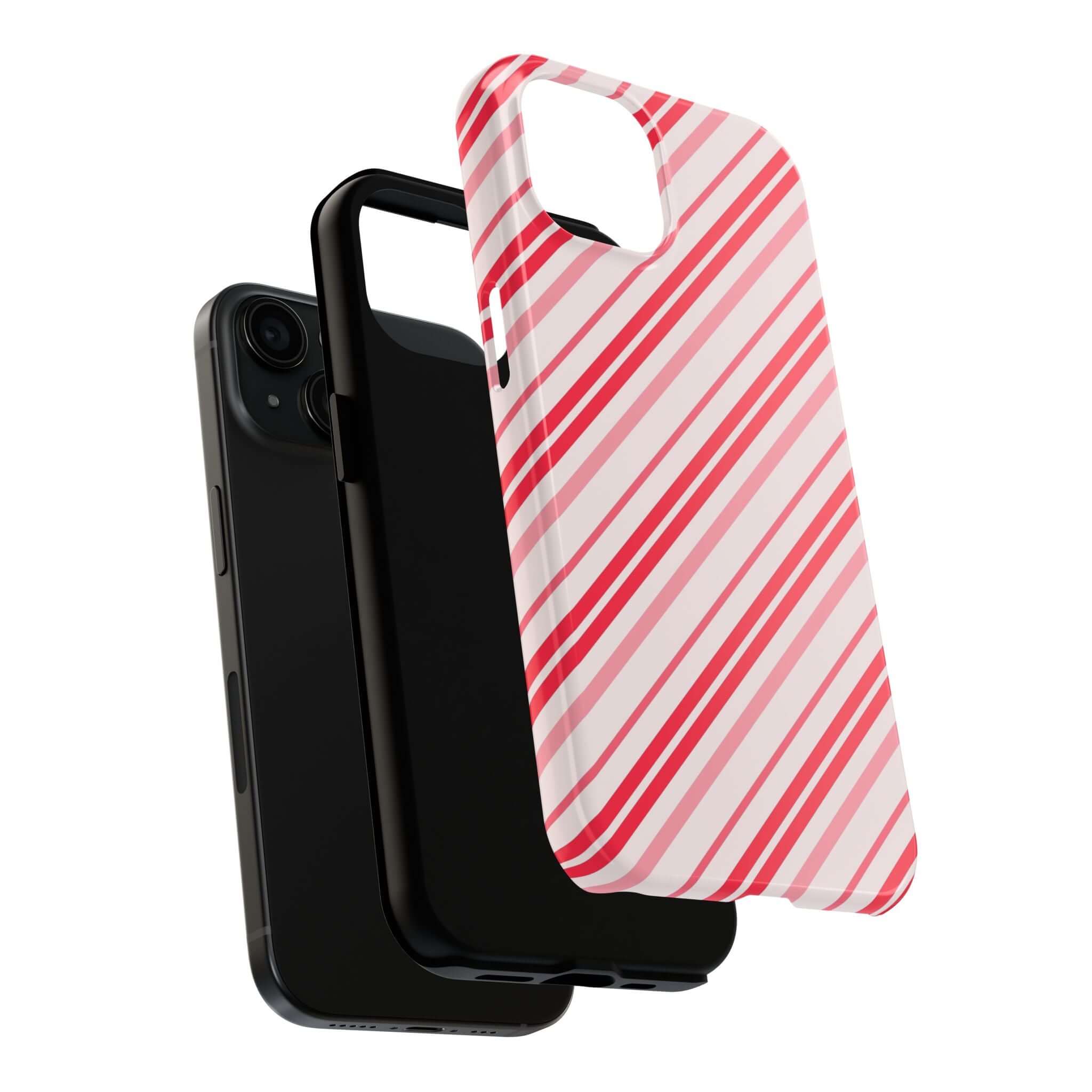 Cute iPhone case with candy cane stripes, perfect for personalized holiday gifts and festive phone style.