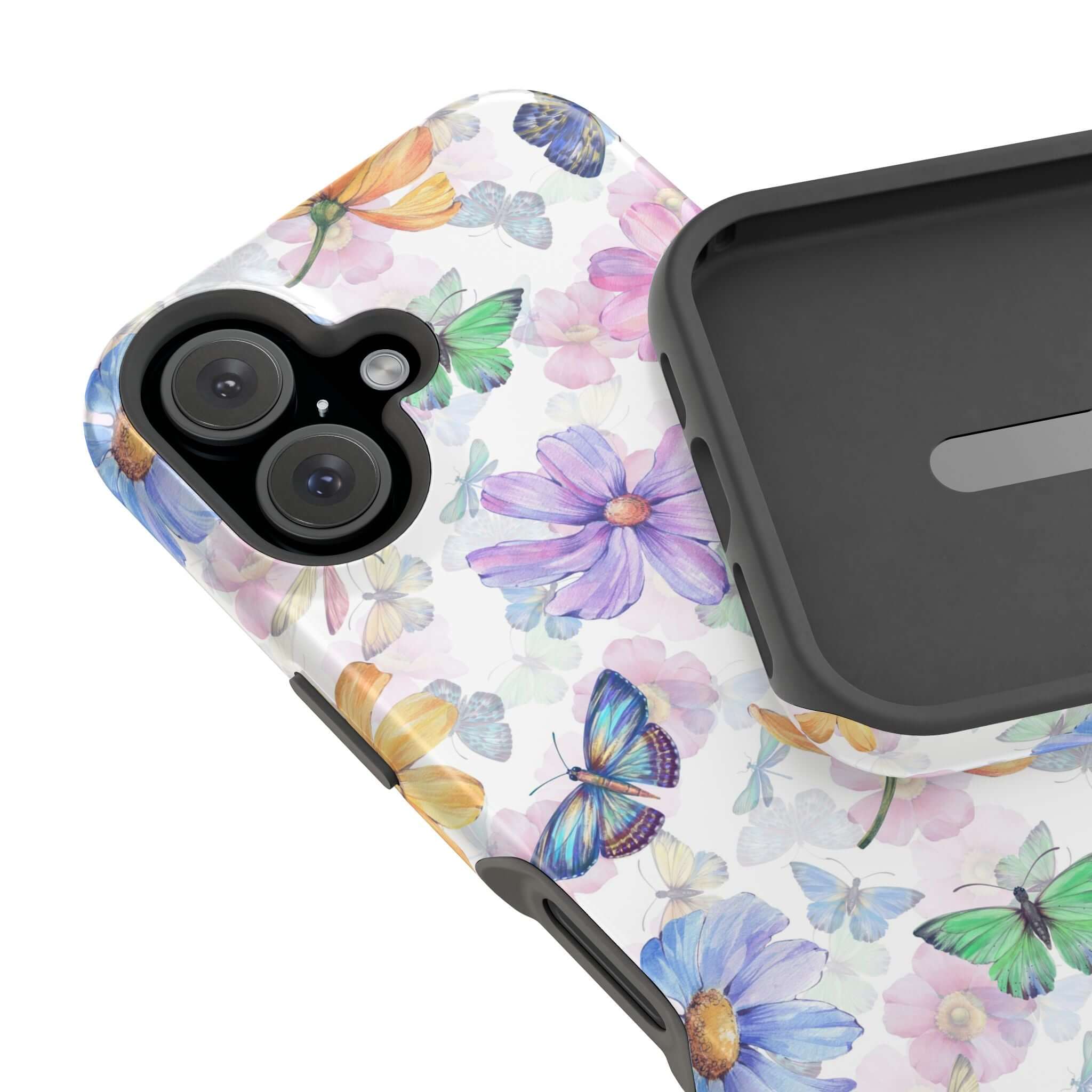 Fluttering Blooms Watercolor Butterfly MagSafe iPhone Case with colorful flowers and butterflies on iPhone 16 for a cute protective look