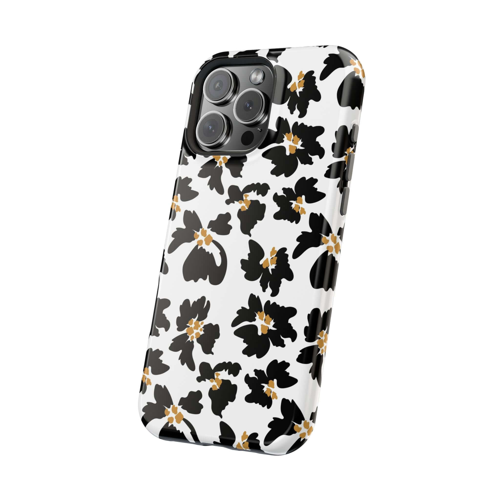 Modern Noir Flora black floral case for iPhone, stylish and cute MagSafe case with animal print design, perfect for fashion lovers.