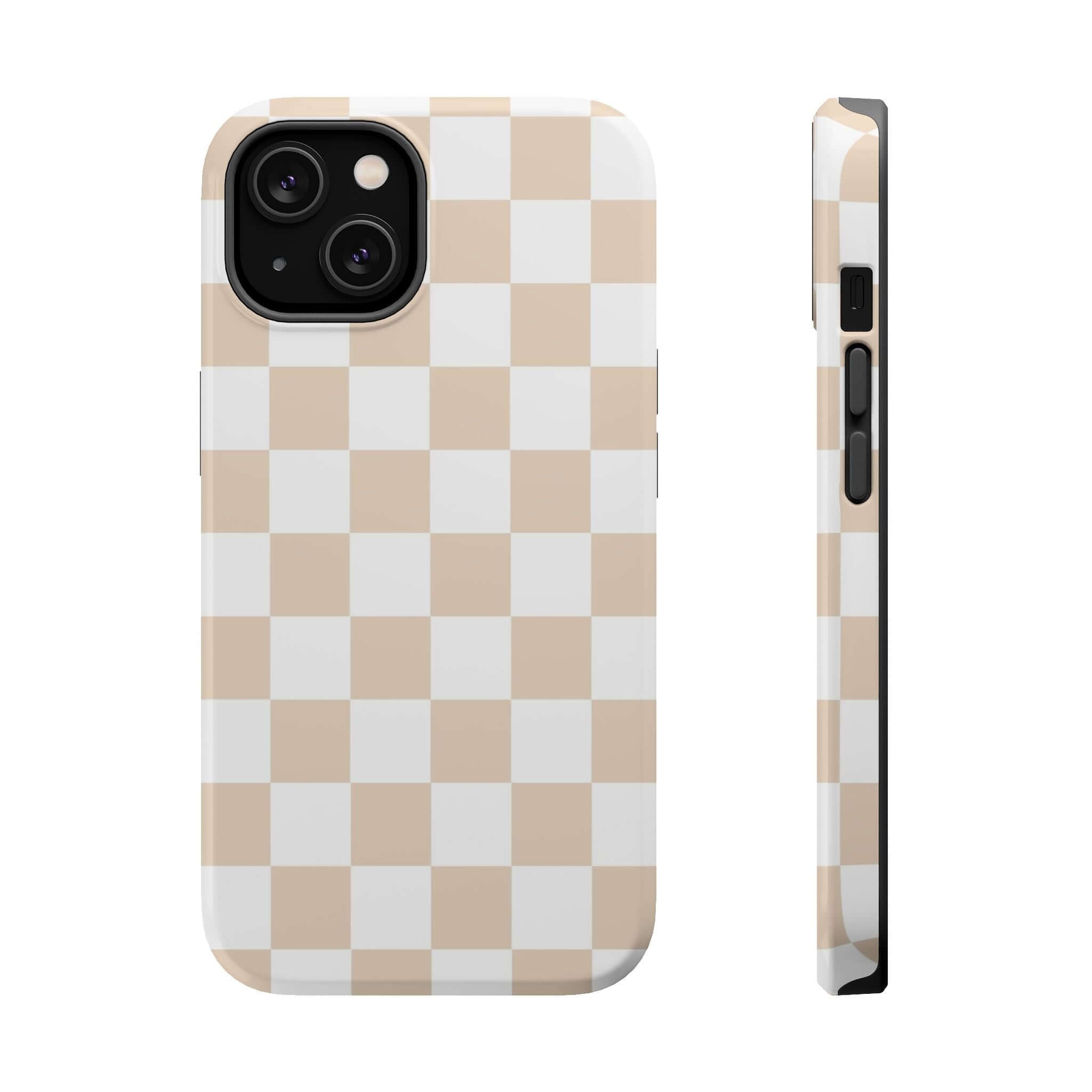 Cream checkered cute MagSafe iPhone 16 case in beige, protective and stylish design.