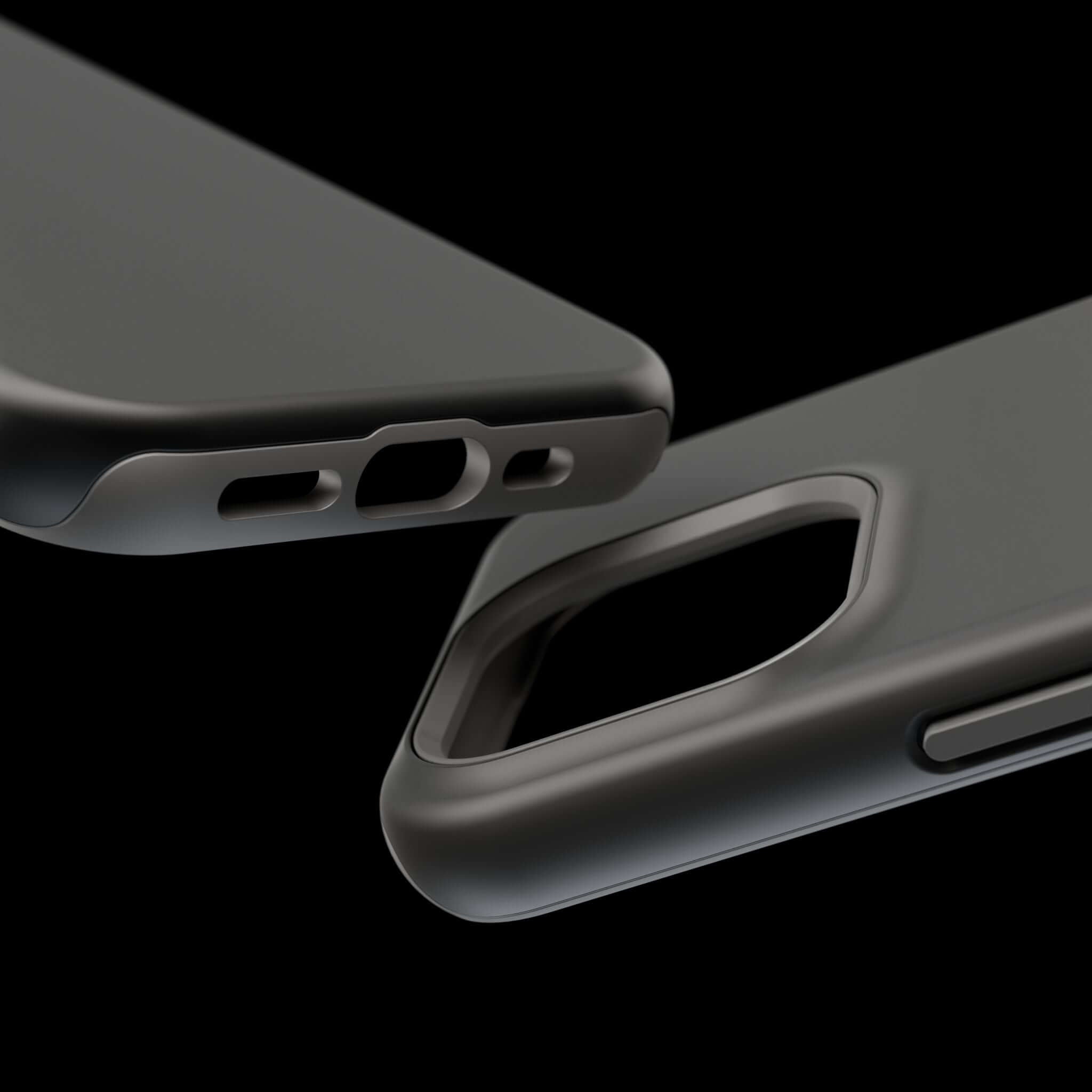 Close-up of a solid black phone case showing durable material and cutouts, perfect for those seeking a cute iPhone case with free shipping.