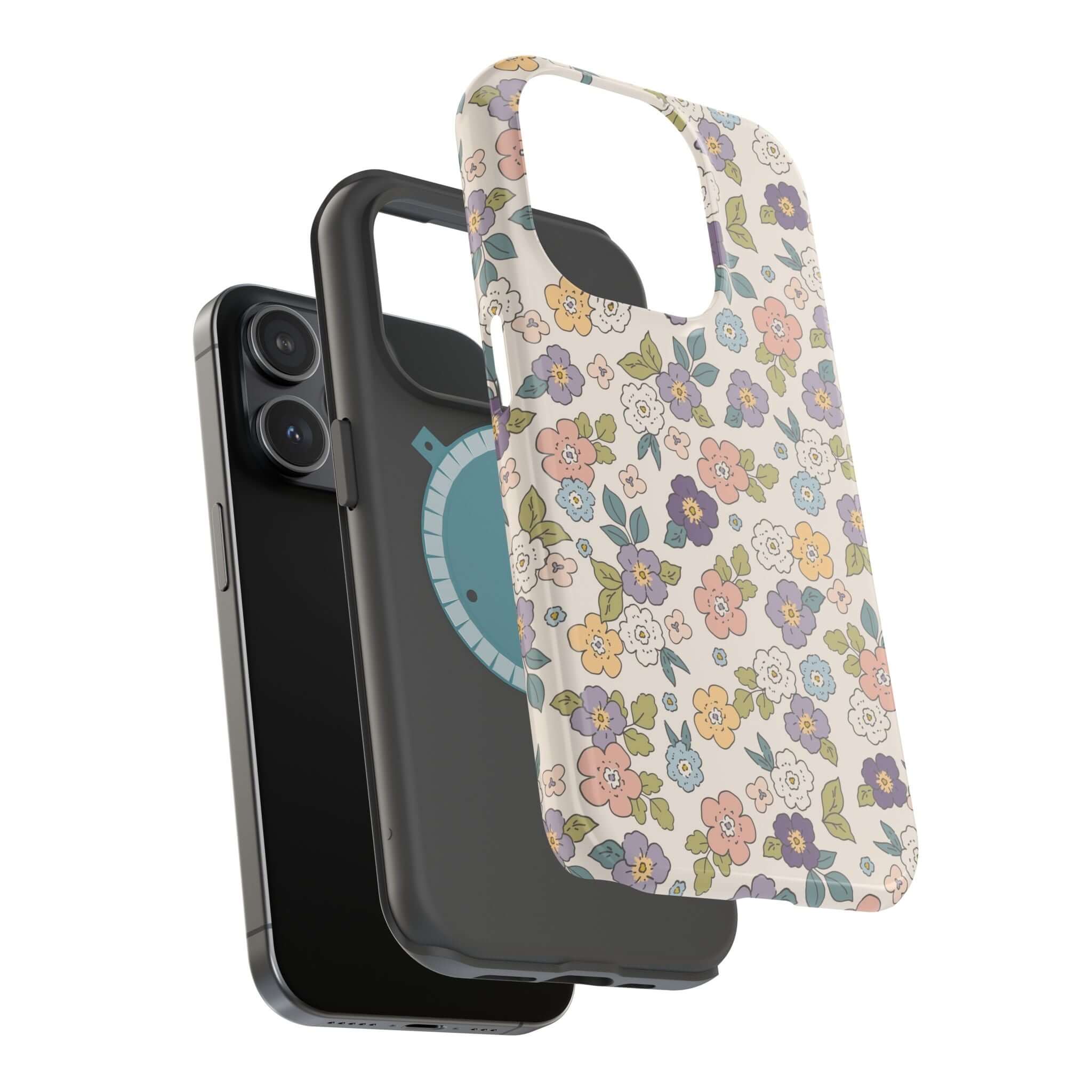 Colorful Ditsy Daisies iPhone case showcased with a sleek black phone, perfect for stylish beachy vibes and cute phone covers.