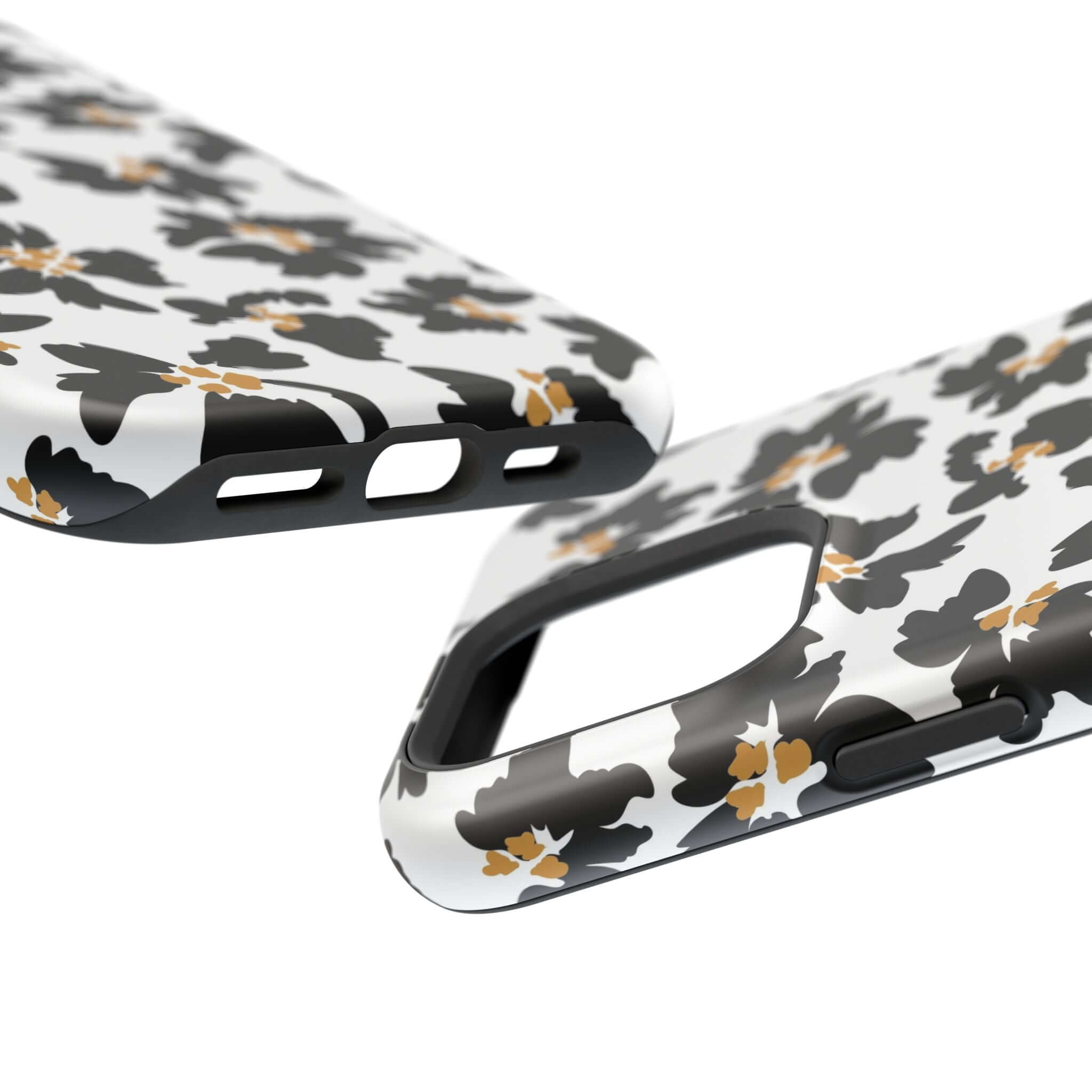 Modern black floral iPhone case with animal print design, perfect for cute MagSafe protection and stylish phone users.