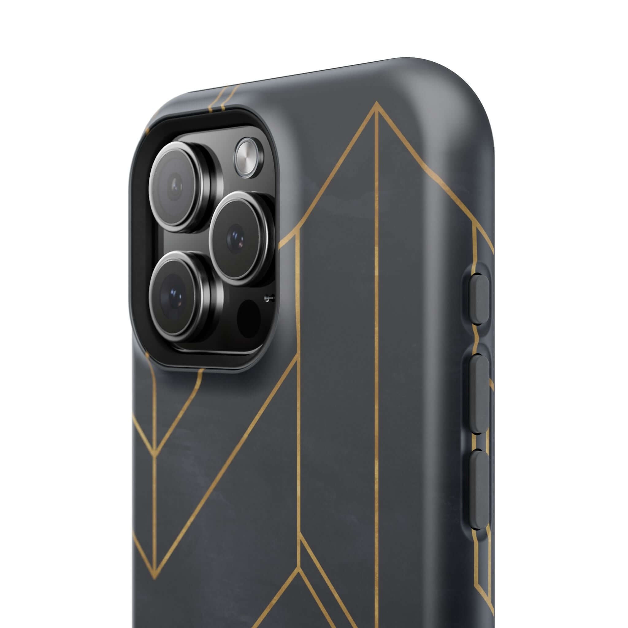 Modern geometric iPhone case with sleek black design featuring abstract patterns, adding an urban twist and protection to your phone.