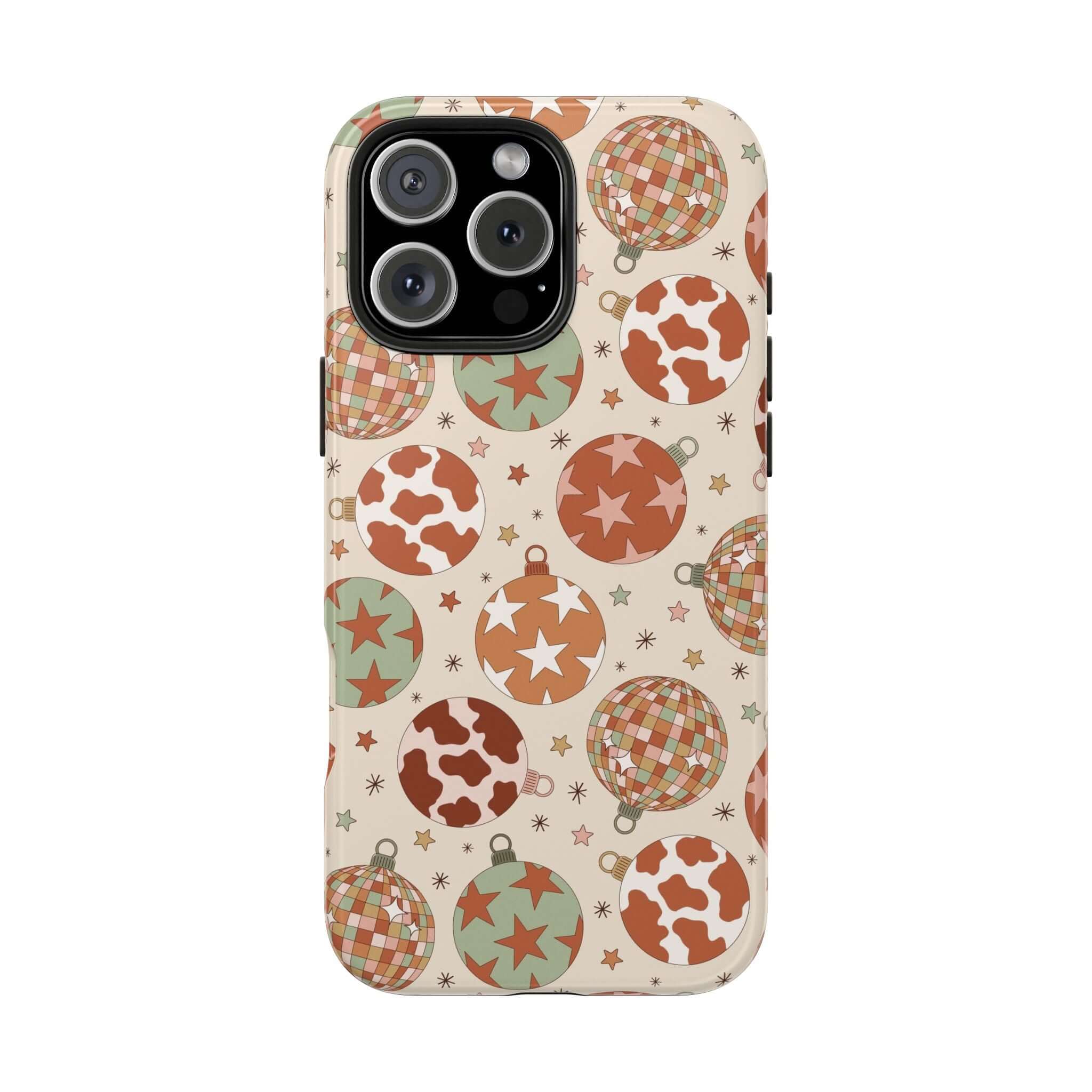 Cute iPhone case with colorful cowgirl Christmas pattern, featuring stars and festive ornaments, perfect for holiday gifting.