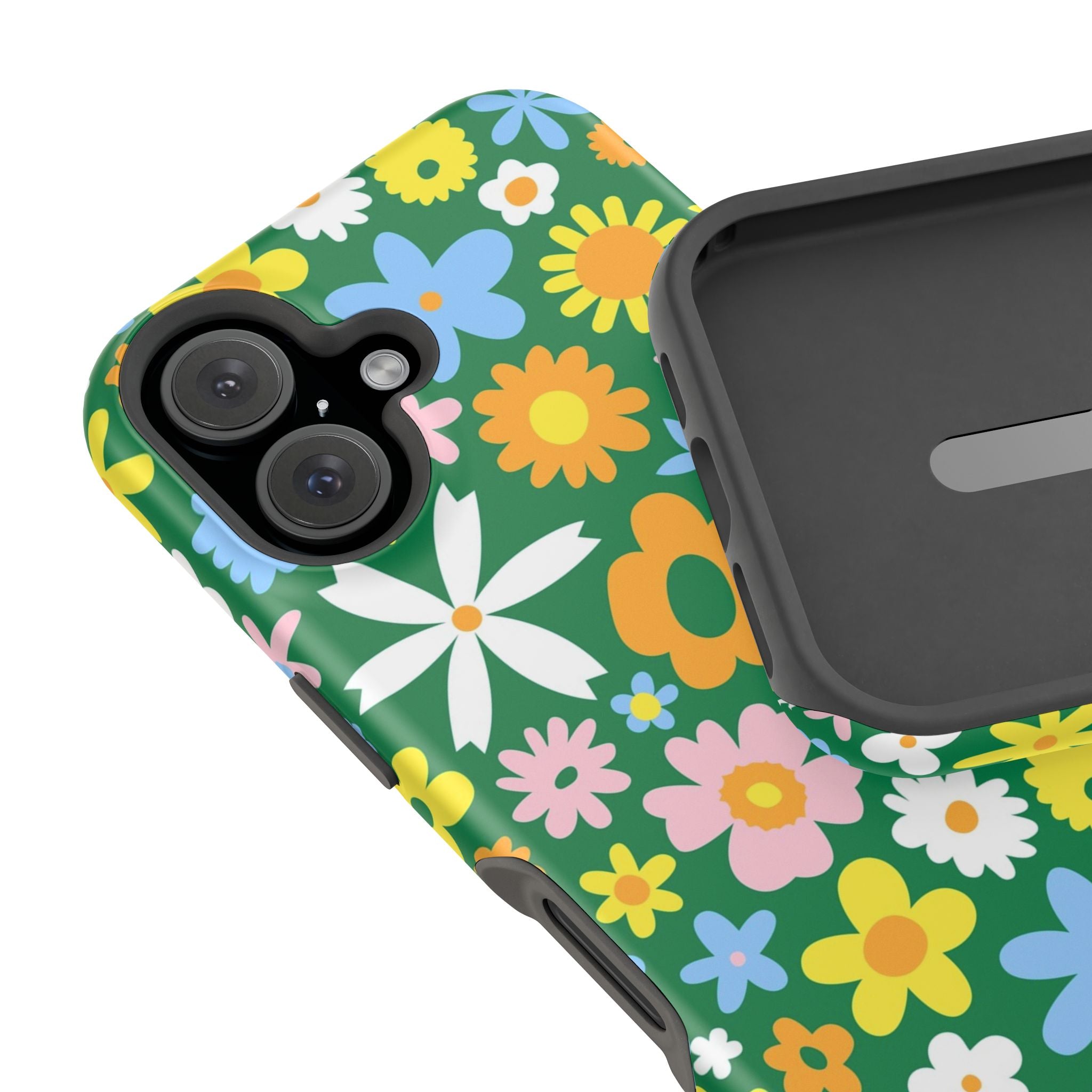 Vibrant floral MagSafe iPhone case with green background and colorful flowers, perfect cute phone cover for hippie style lovers.