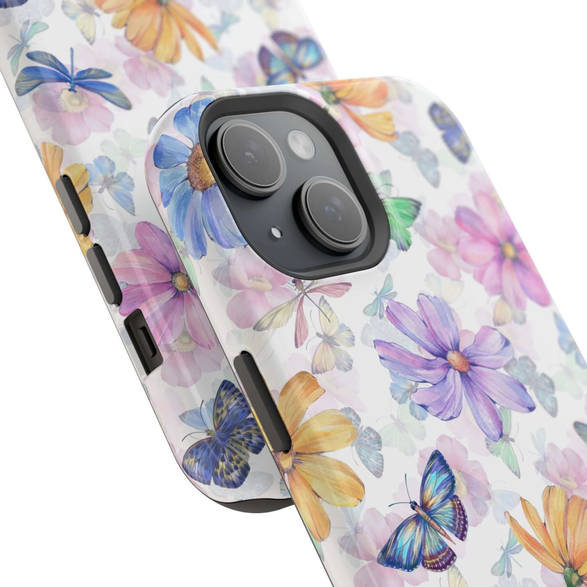 Cute MagSafe iPhone 16 case featuring a watercolor butterfly and floral design for a stylish and protective phone.