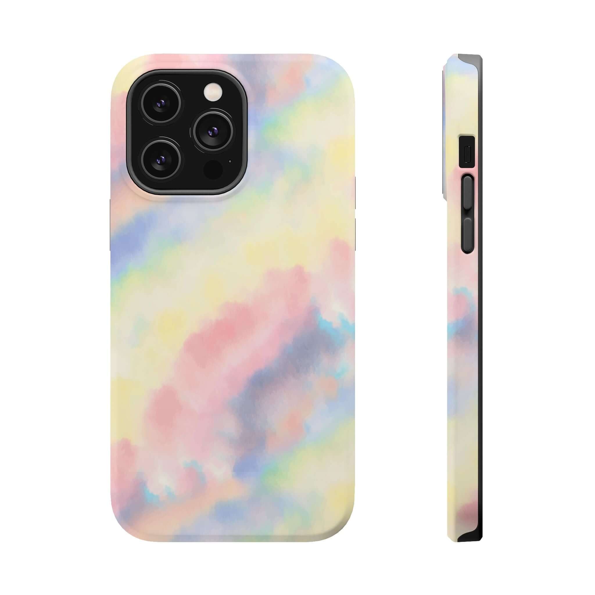 Cute iPhone case with pastel tie dye design, Unicorn Dreams, featuring MagSafe compatibility. Custom phone case design.