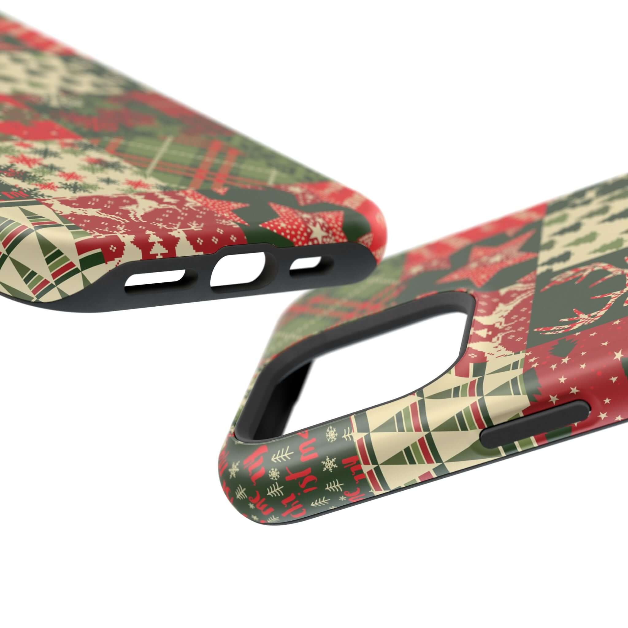 Cozy Quiltmas MagSafe case with festive red and green Christmas design for secure and stylish holiday phone protection.