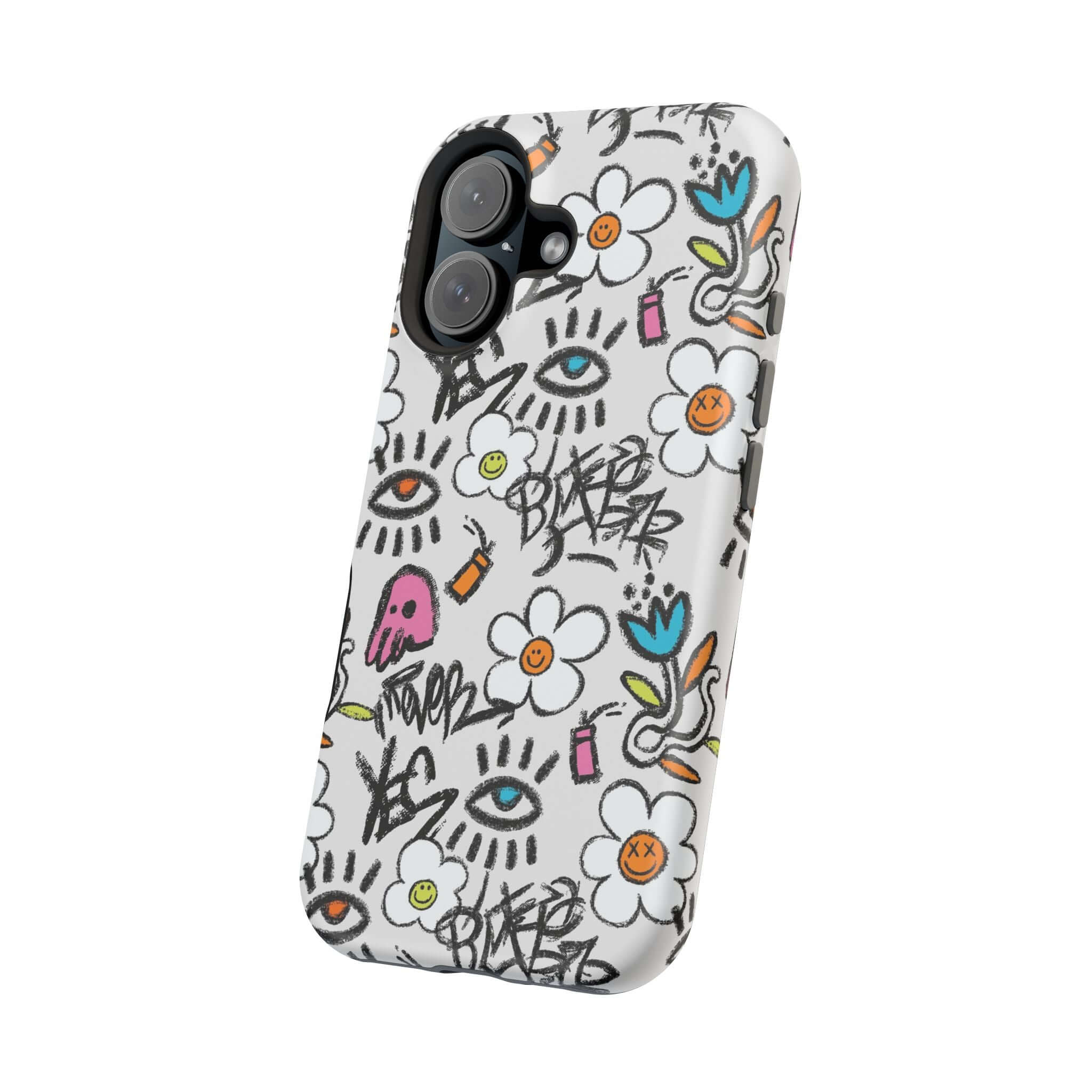 Happy Chaos Floral Graffiti Case, a cute phone cover with vibrant patterns for iPhone, showcasing a playful design.