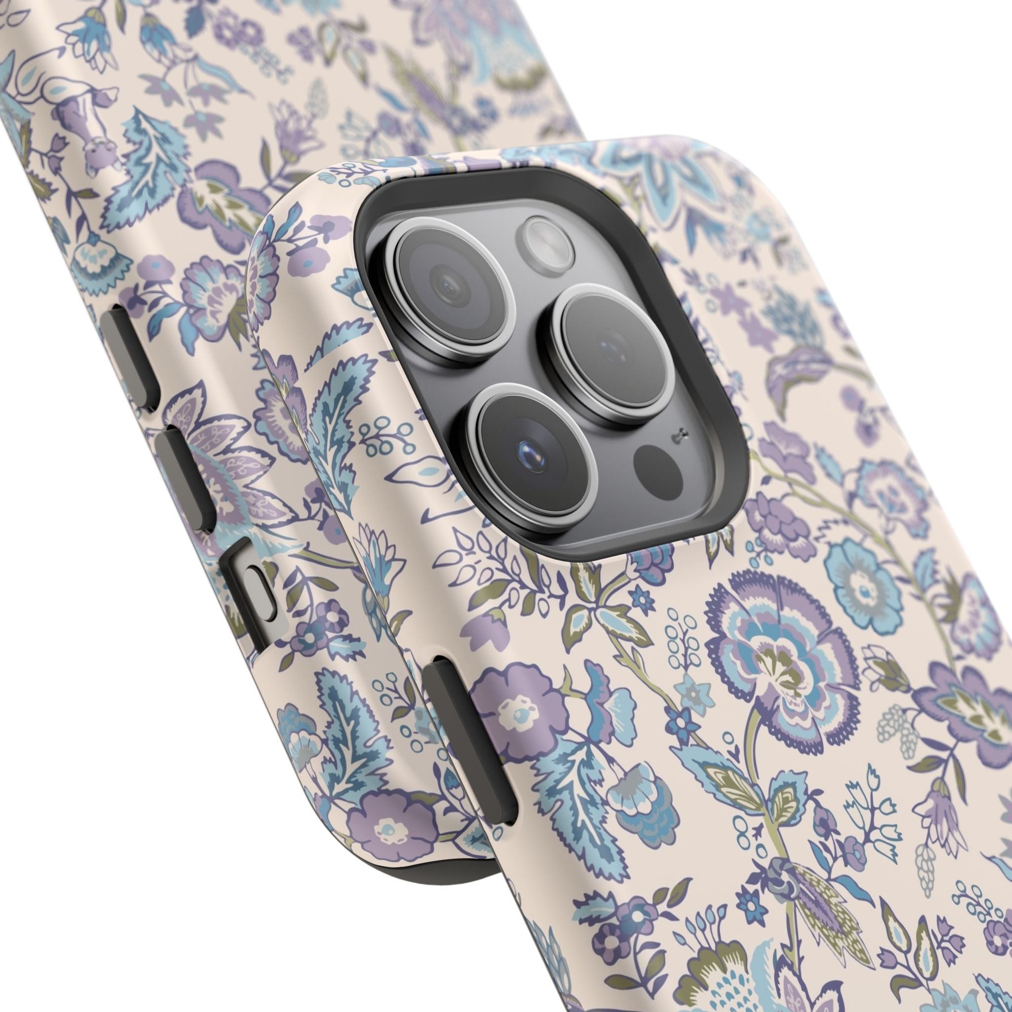 Whimsical blue cottagecore floral MagSafe iPhone case, cute phone cover with flowers, stylish protection for your tech.