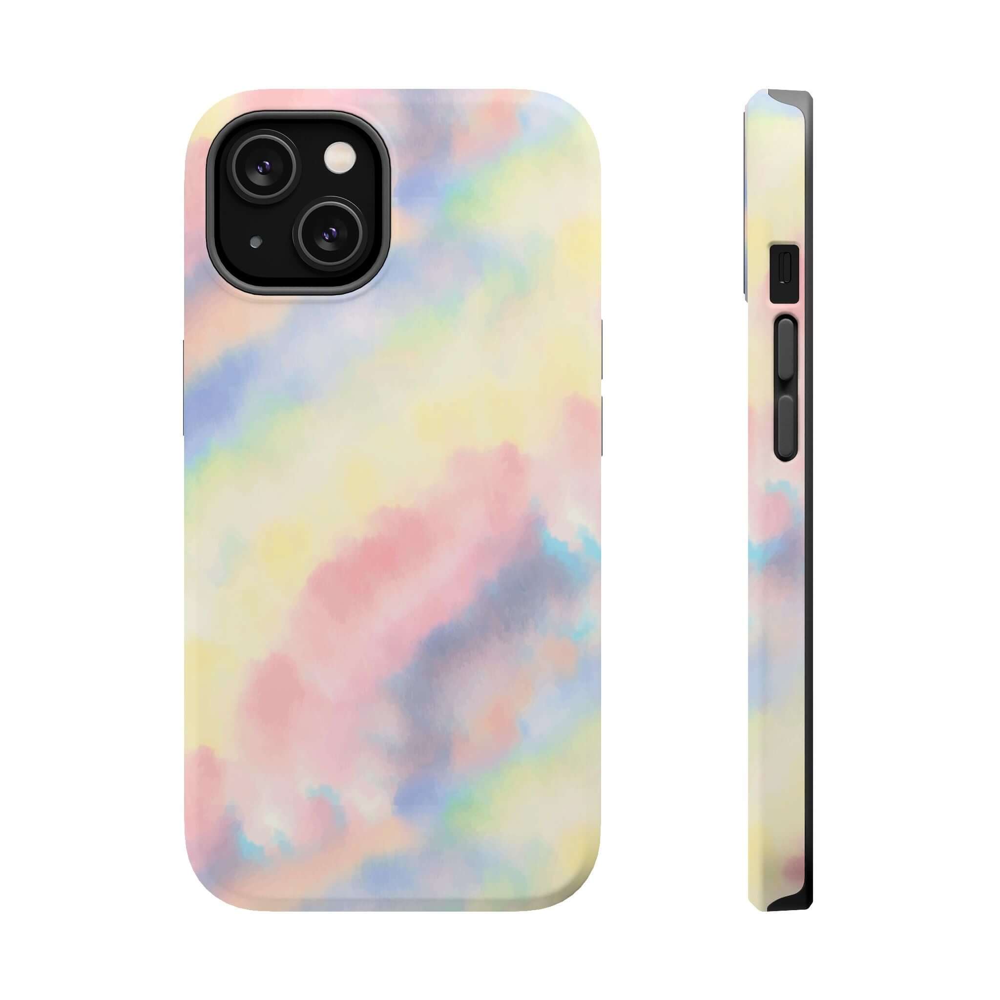 Cute pastel tie dye iPhone case with Unicorn Dreams design, showcasing colorful phone case for a custom tech look.