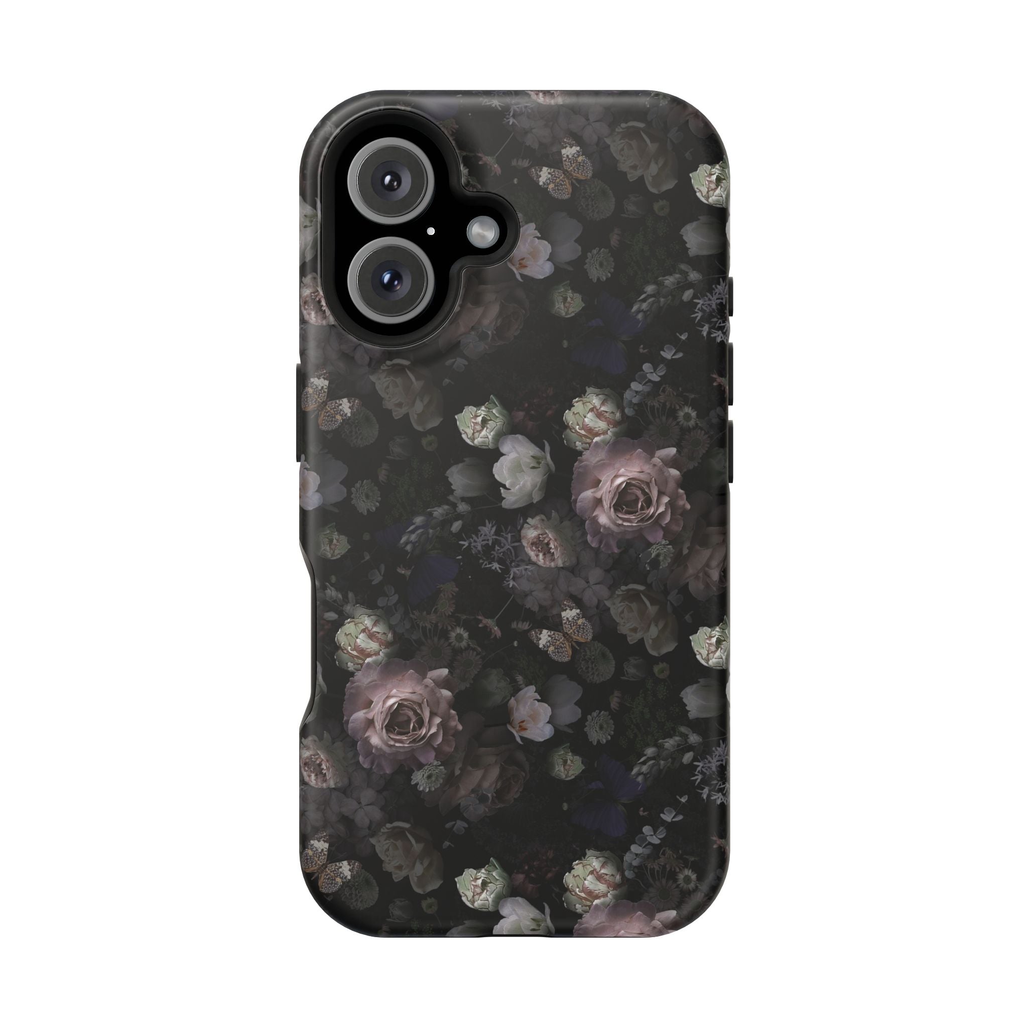 Midnight Curse black floral MagSafe iPhone case featuring elegant dark roses for a stylish and protective phone cover.