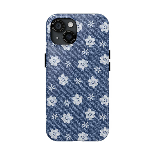 Denim phone case with daisy patterns for iPhone 14 Pro Max, cute and protective phone case.