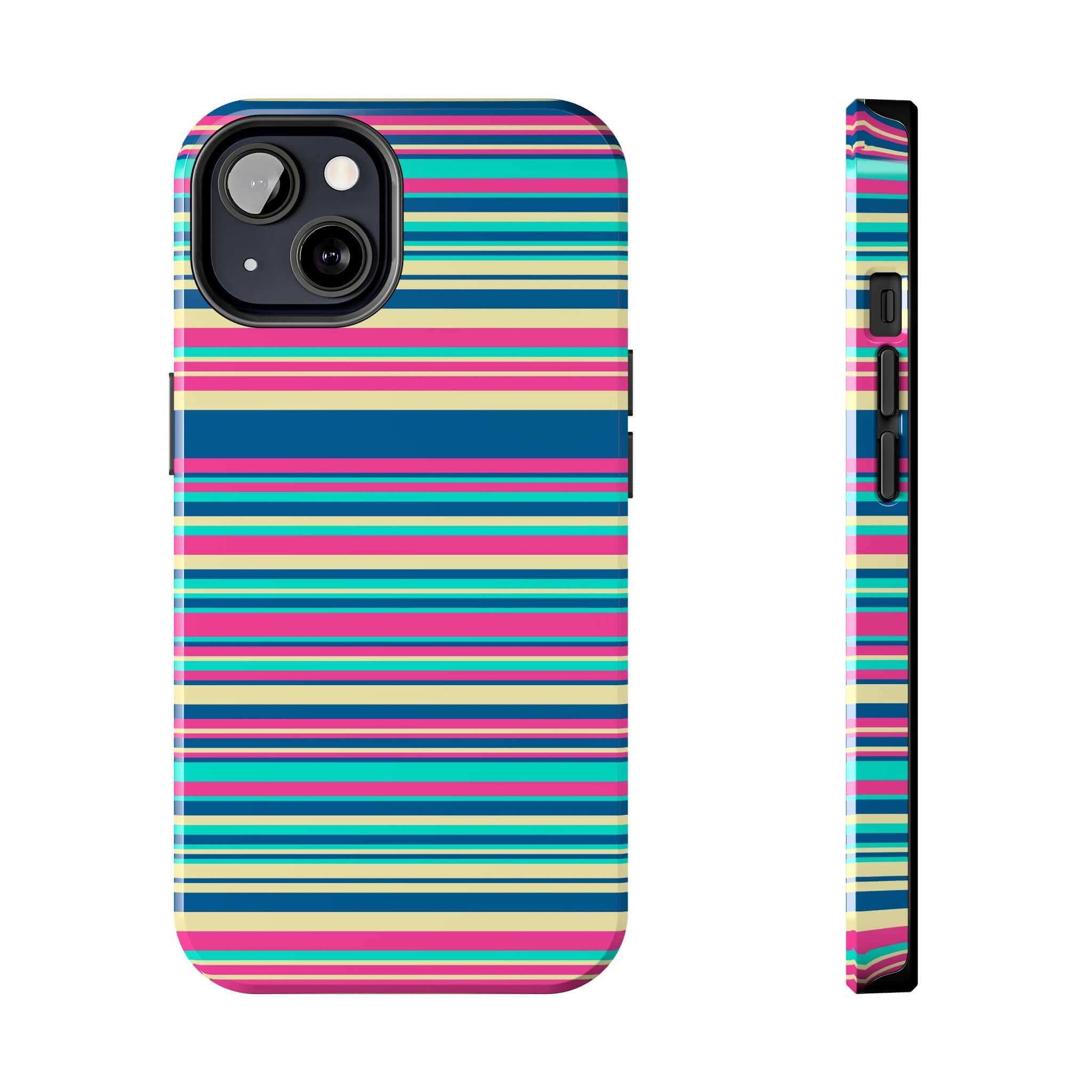 Cute colorful striped case for iPhone 14 or iPhone 15, playful design phone cover, adds protection and style, free shipping.