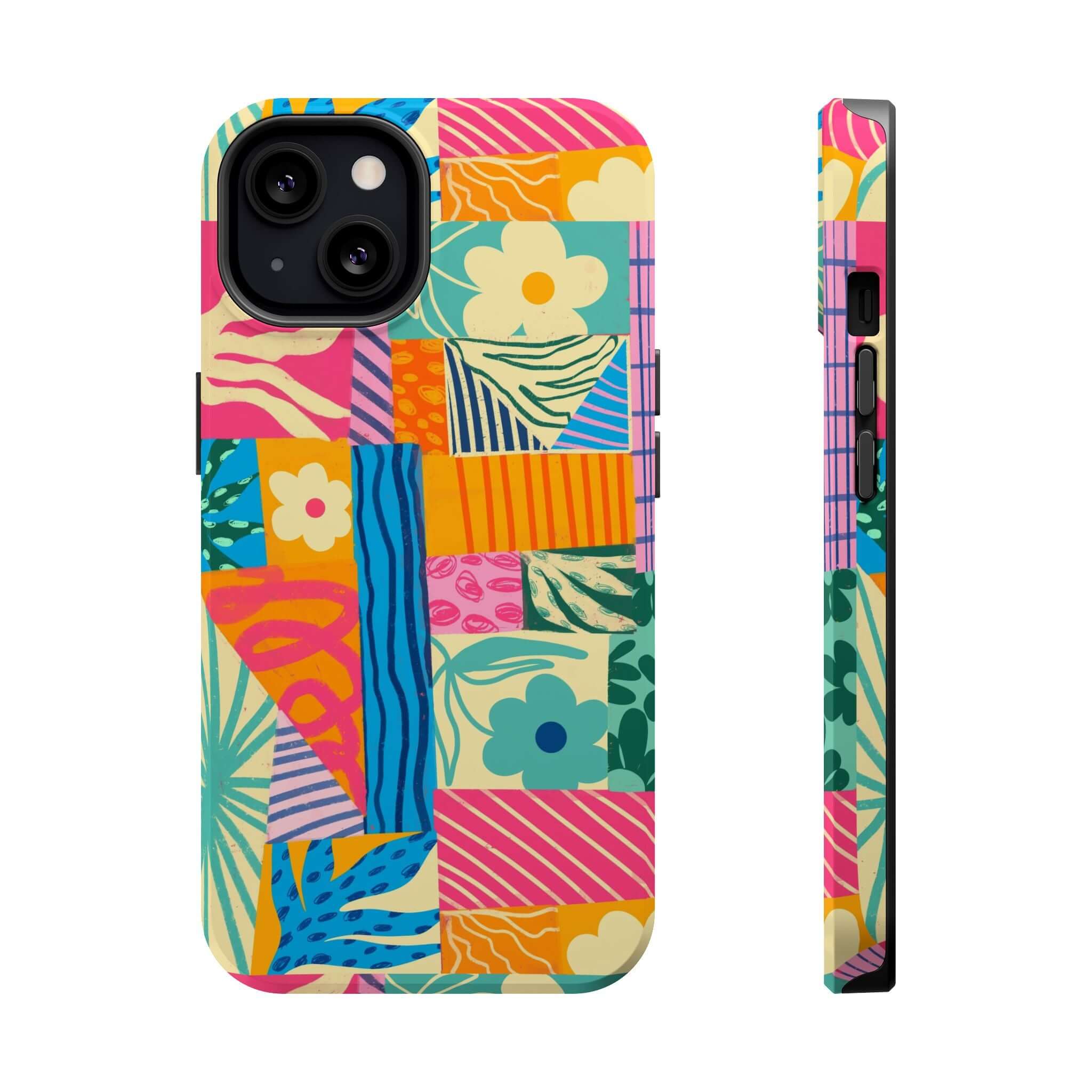 Colorful patchwork phone case compatible with iPhone 16 featuring cute, playful design for beach lovers. Perfect for stylish protection.