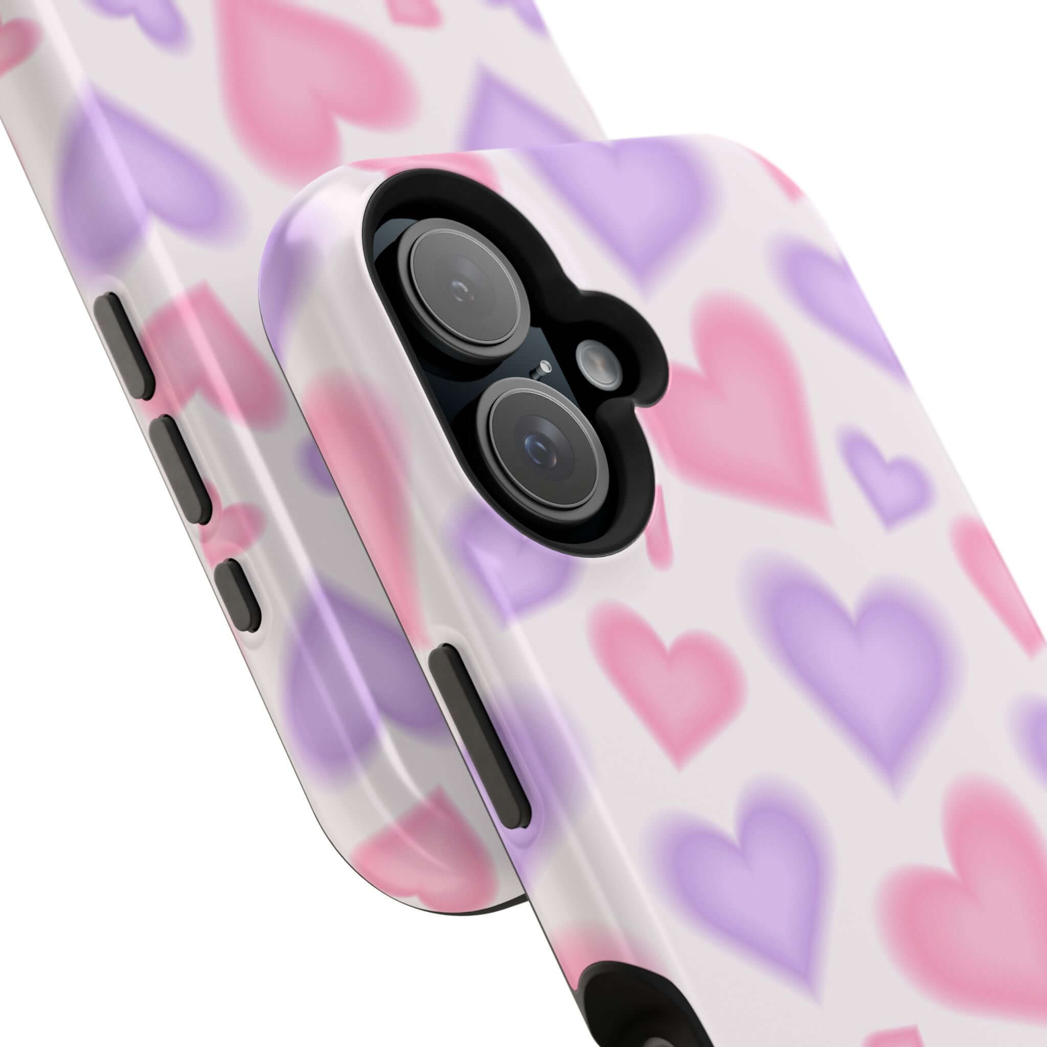 Cute phone cover featuring blurred pink and purple hearts, perfect for Apple iPhone protection and style.