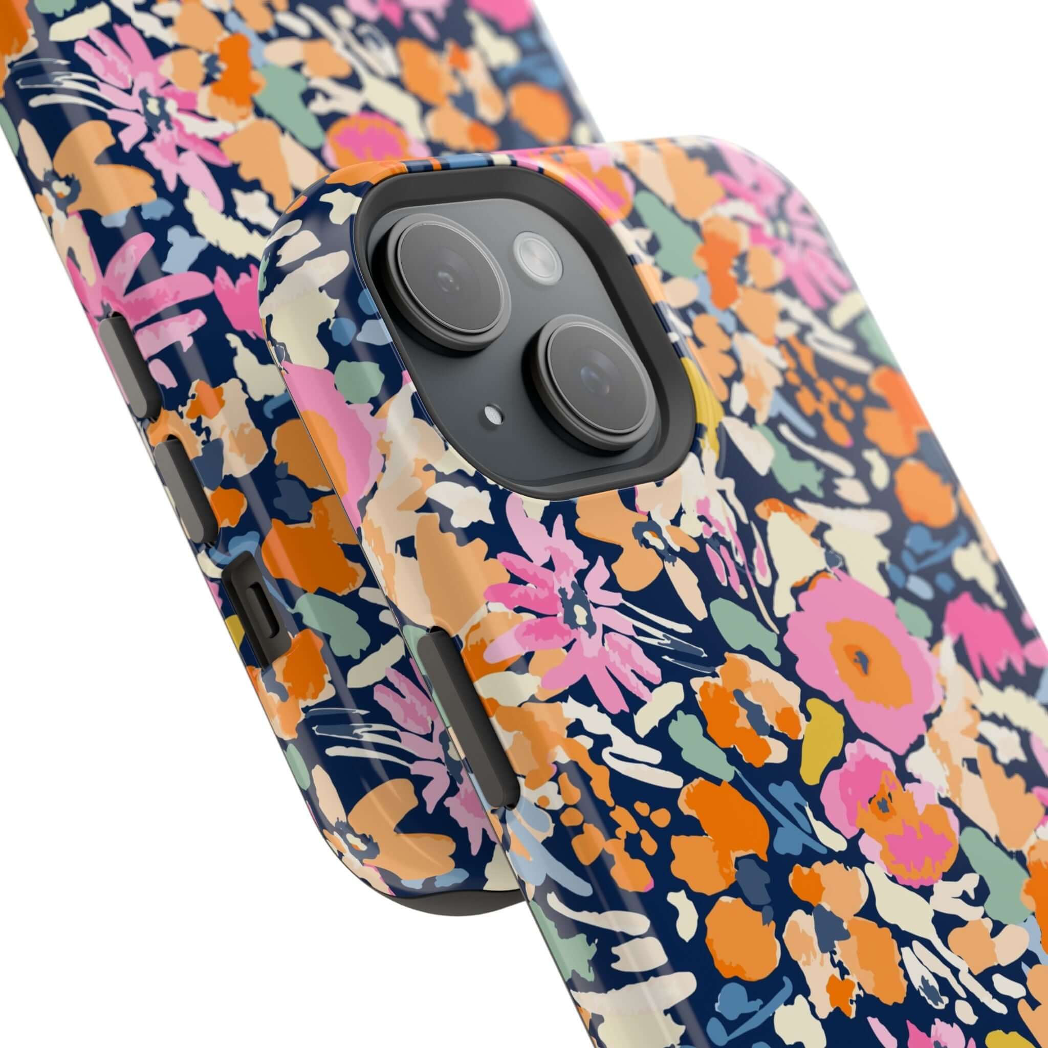 Cute MagSafe iPhone 16 case with colorful floral design, Botanic Burst protective phone case