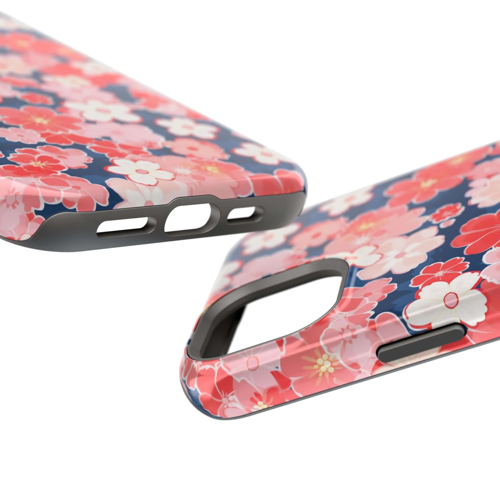 Close-up of Oh So Pretty Pink Floral Case for iPhone 14 Pro Max, showcasing detailed floral design and precise cutouts. Free shipping included.