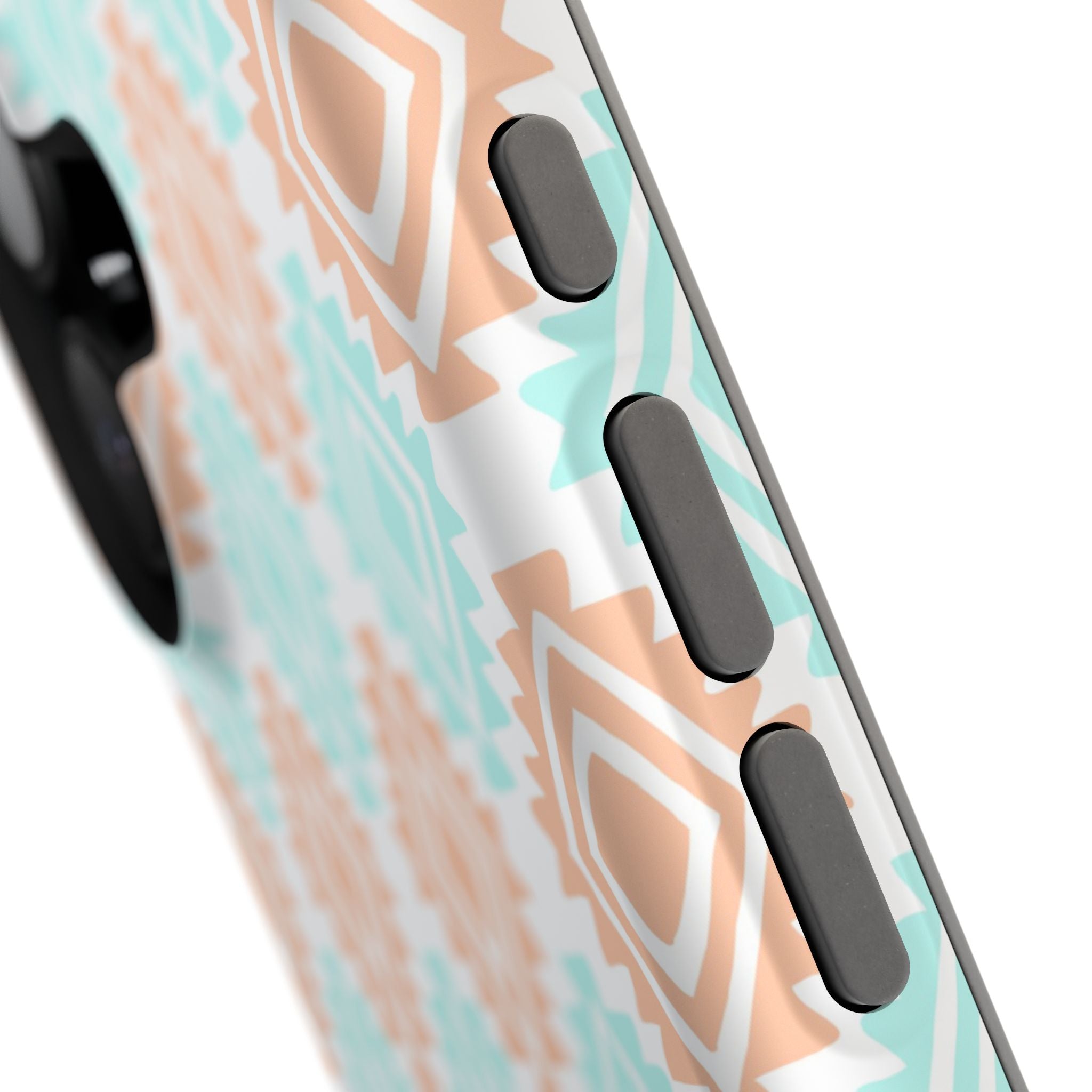 Southwestern floral MagSafe iPhone case with abstract design in teal and peach, showcasing button detail for a cute phone cover.