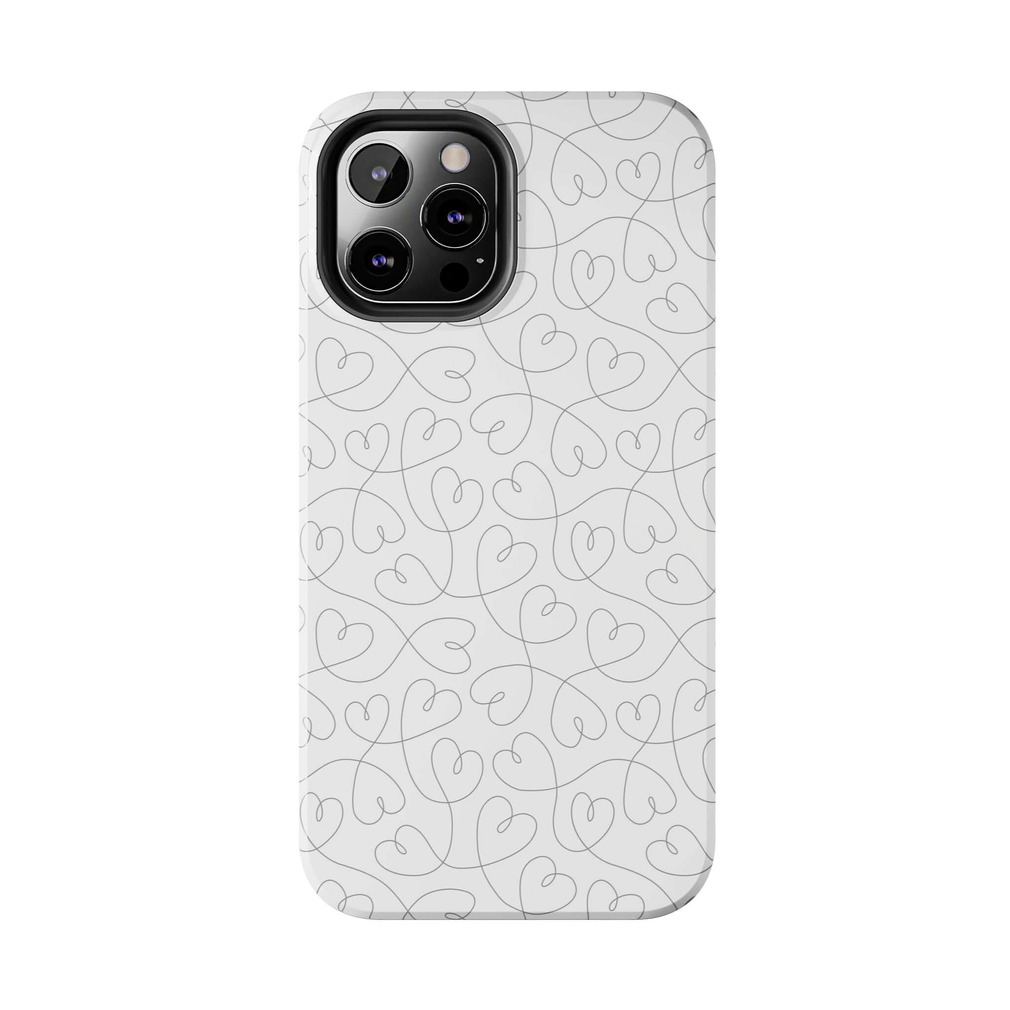 Abstract hearts phone case for iPhone 14 Pro Max in silver, perfect for brides and weddings, featuring a cute and romantic design