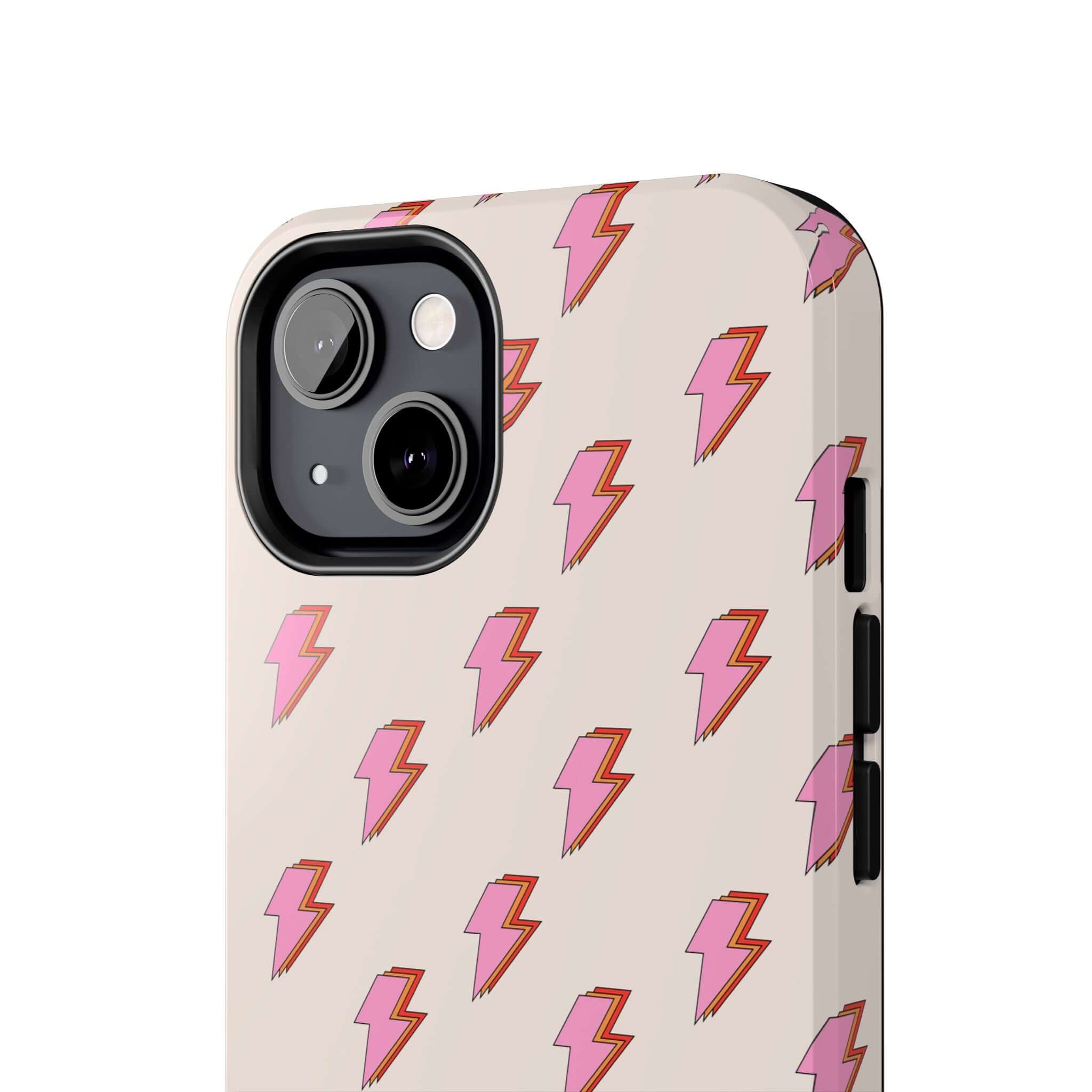 Cute iPhone 14 and 15 case with pink lightning bolts, Electric Vibes retro design, stylish phone protection, free shipping.