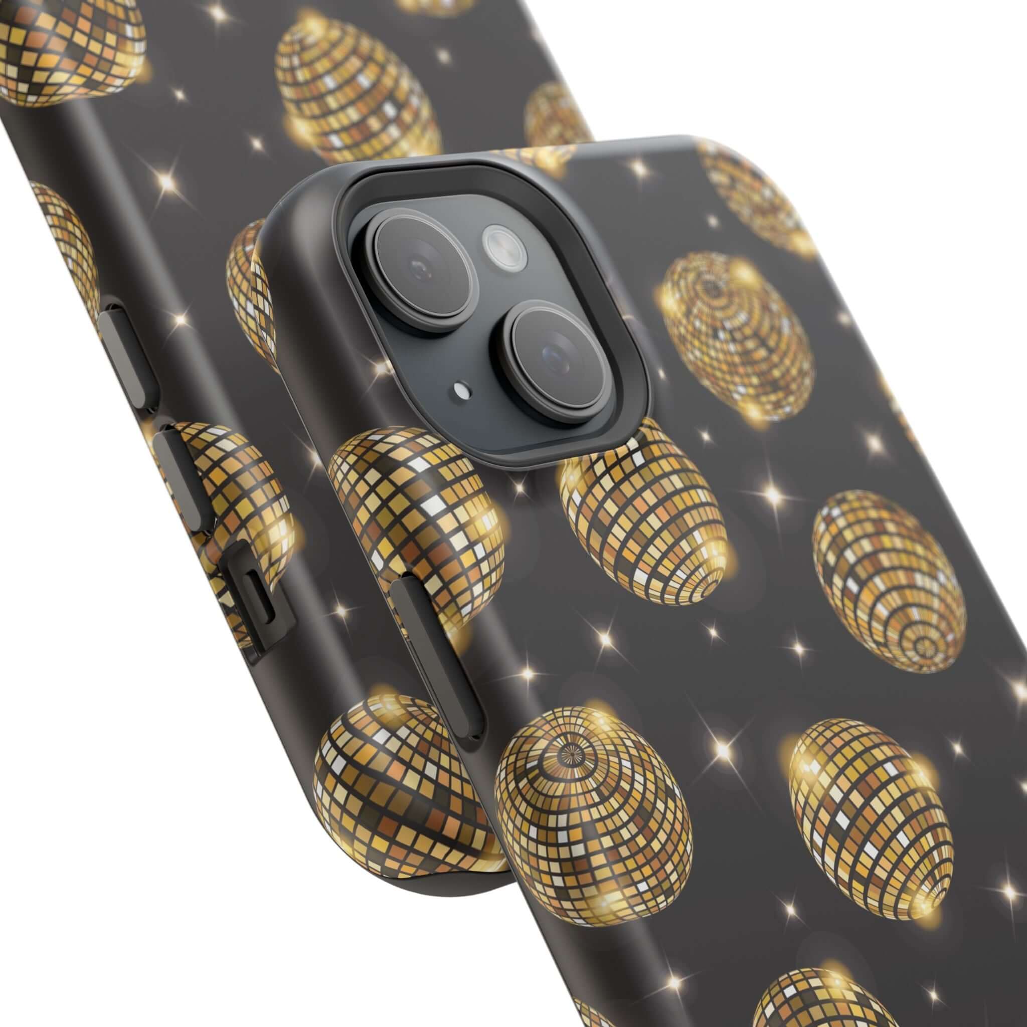 Gold disco ball design iPhone 14 case, cute phone cover with free shipping.