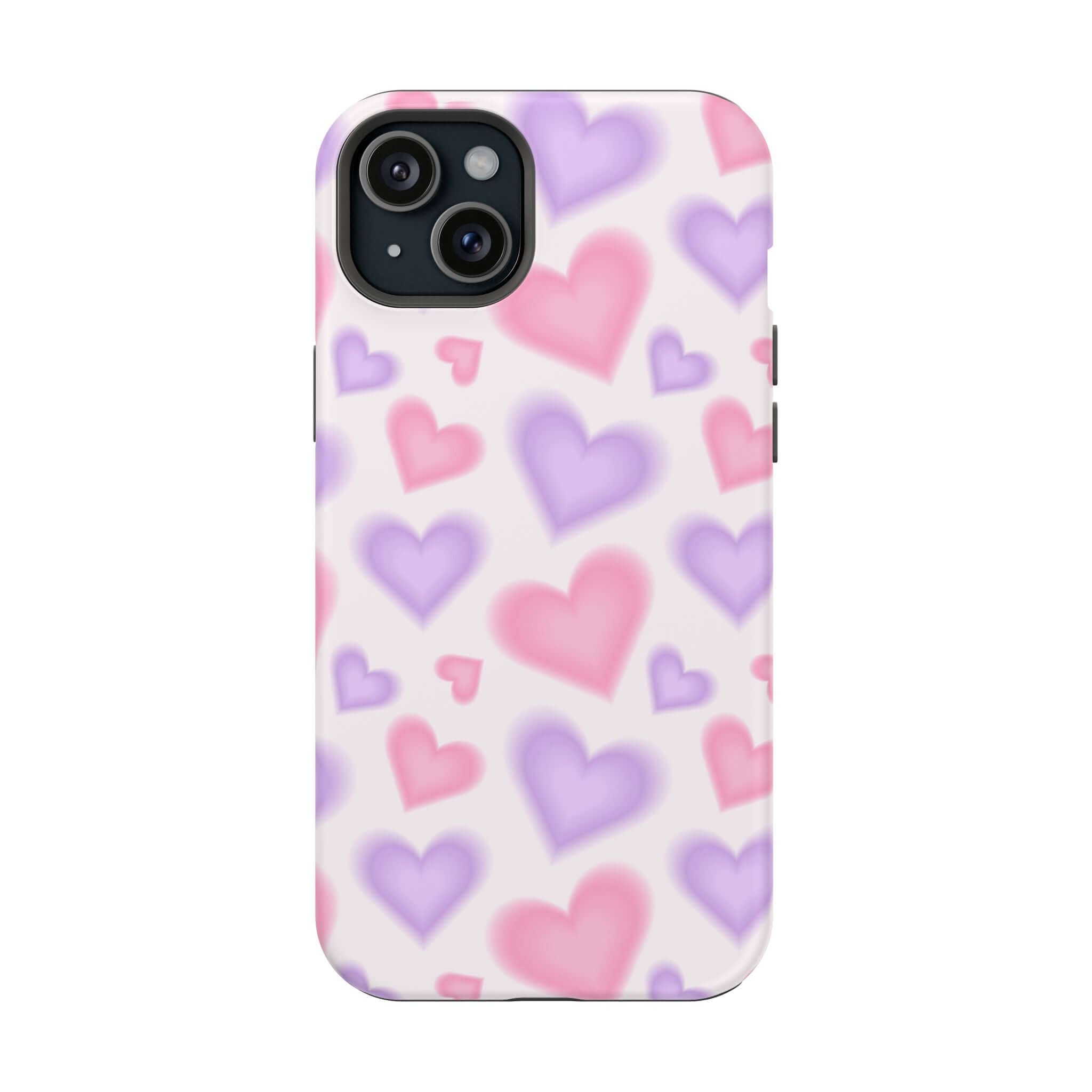 Cute pink and purple hearts decorate a playful iPhone case, perfect for adding love and style to your Apple device.