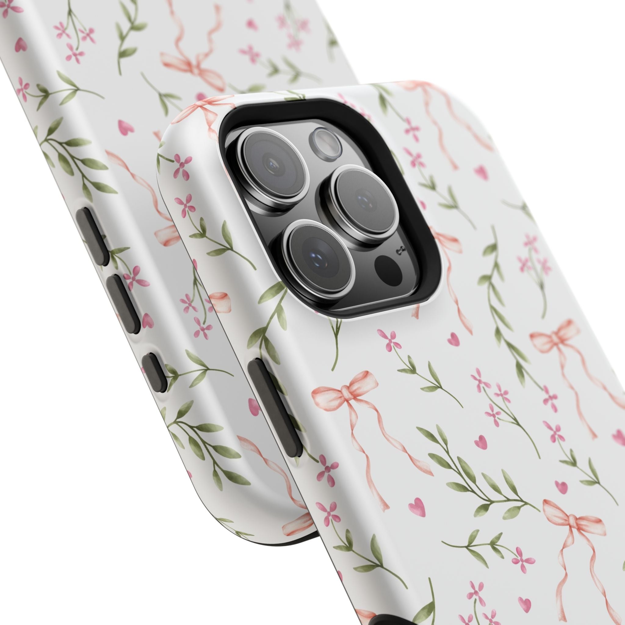 Darling Daydream Pink Coquette MagSafe iPhone Case with floral pattern and bows, cute phone cover for a whimsical style.