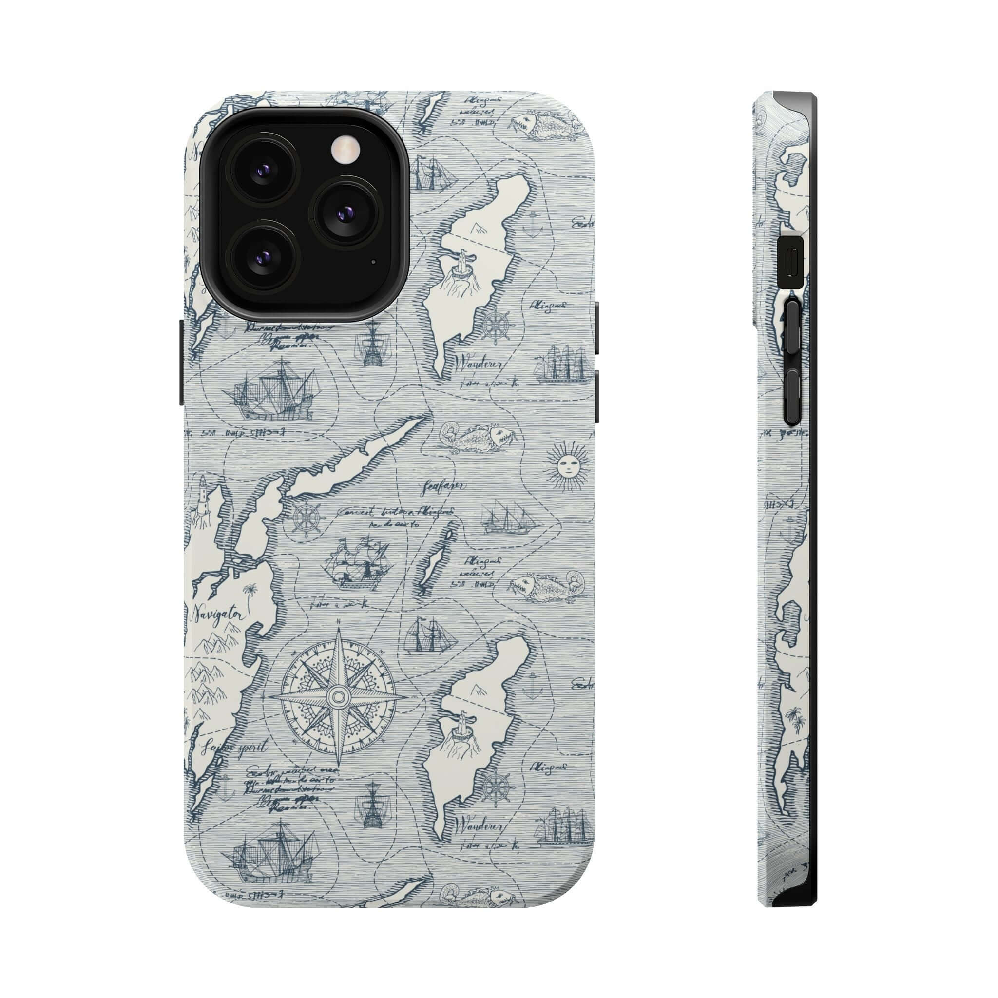 Pirates Passageway teal phone case for iPhone 14 Pro Max with nautical map design, MagSafe technology, cute and functional.