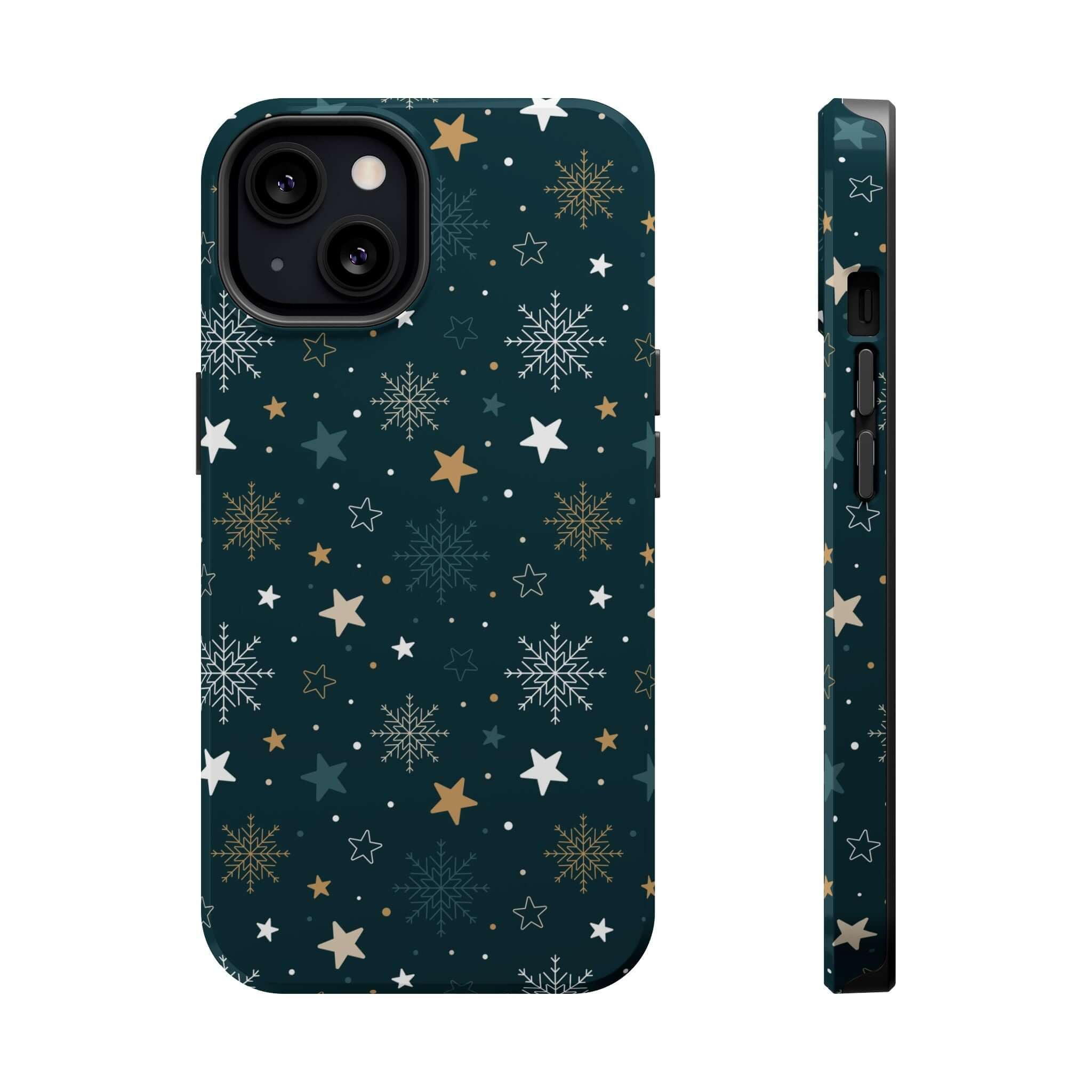 Festive Frosted Wishes MagSafe case with snowflakes and stars, perfect Christmas phone case or cute holiday phone cover.