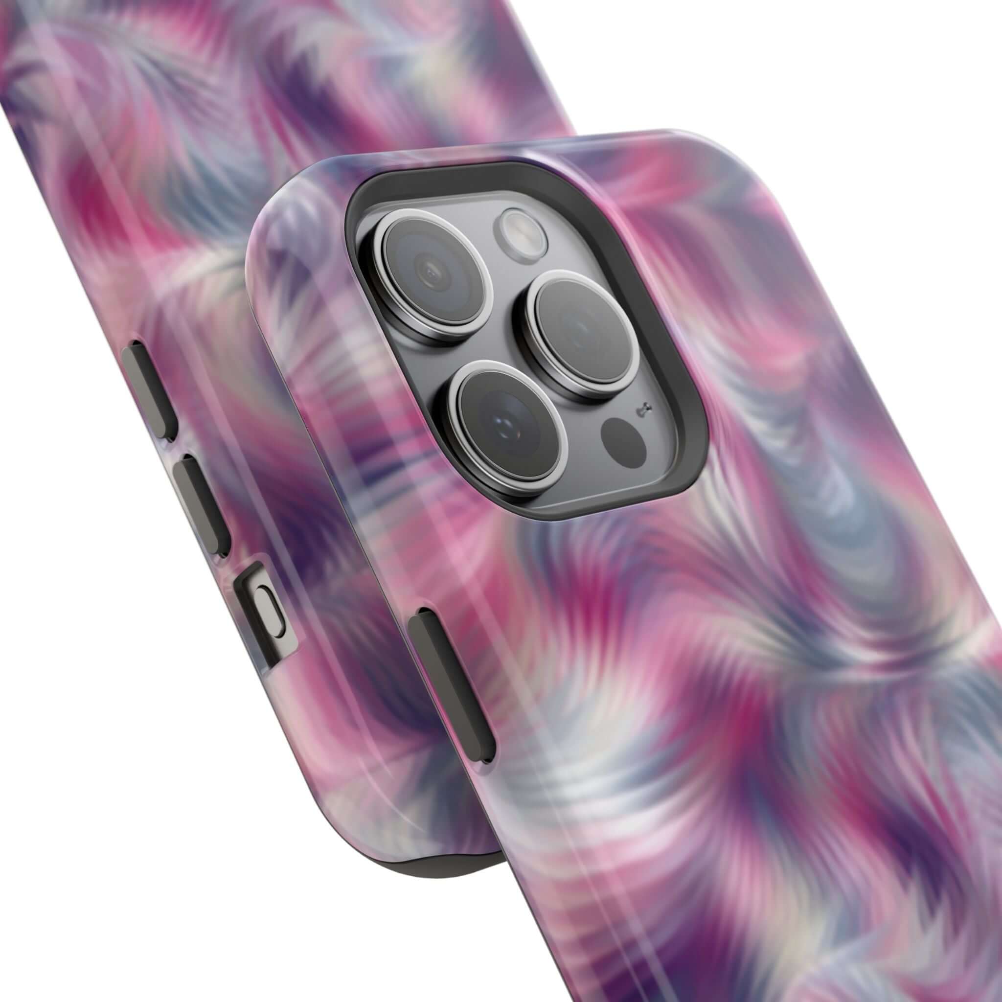 MagSafe iPhone case with purple abstract tie dye swirl design, ideal cute phone cover with unique flair.