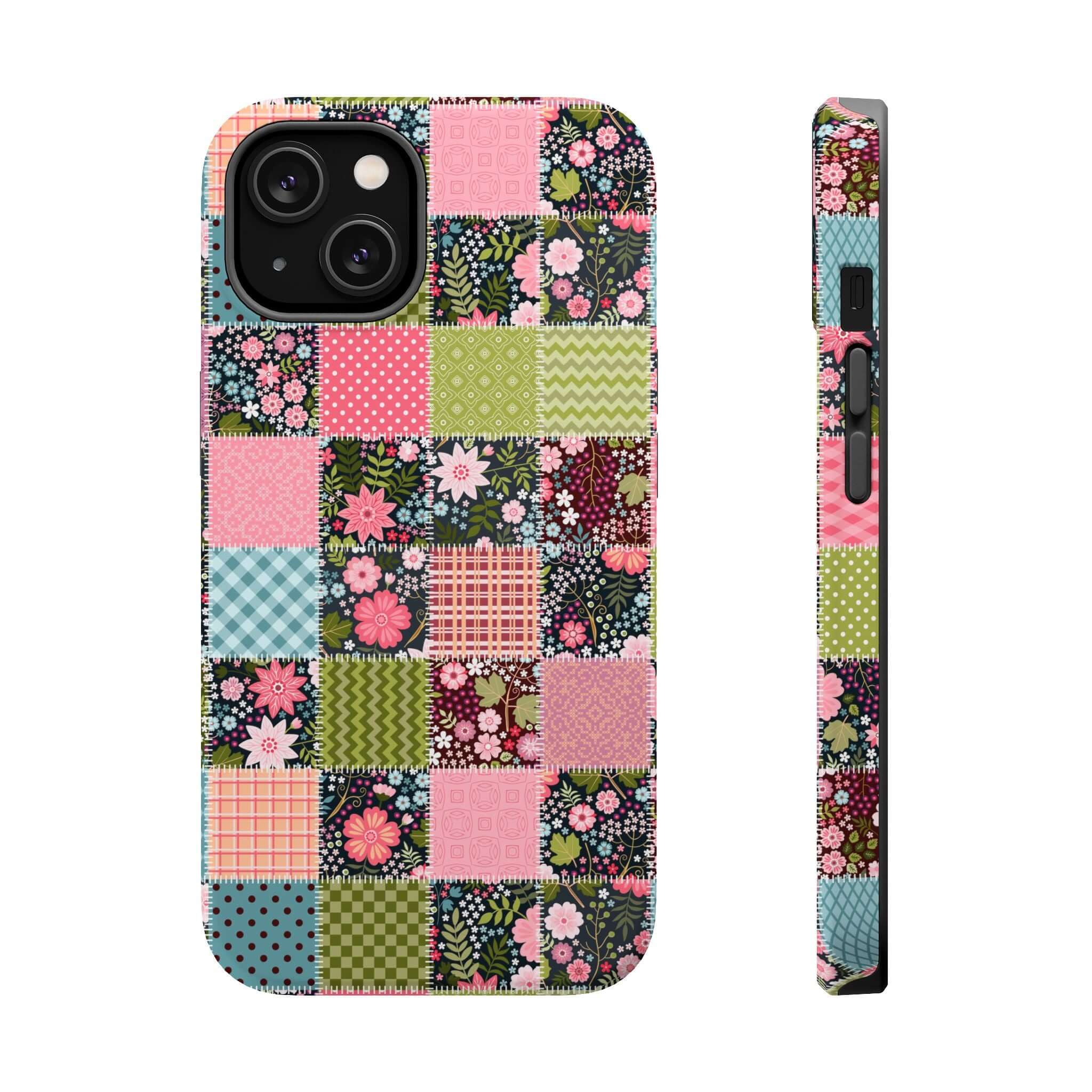 Cute floral patchwork MagSafe iPhone case, showcasing a groovy wildflower design for free-spirited vibes.