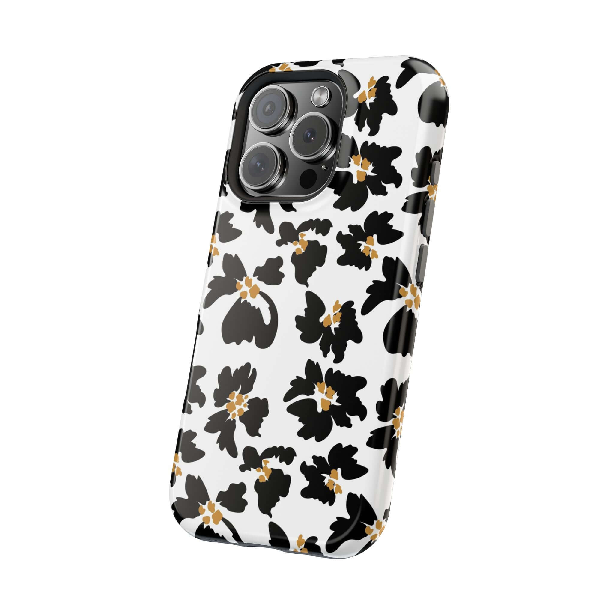 Modern Noir Flora black floral iPhone case with animal print design, cute and protective MagSafe-compatible phone accessory.