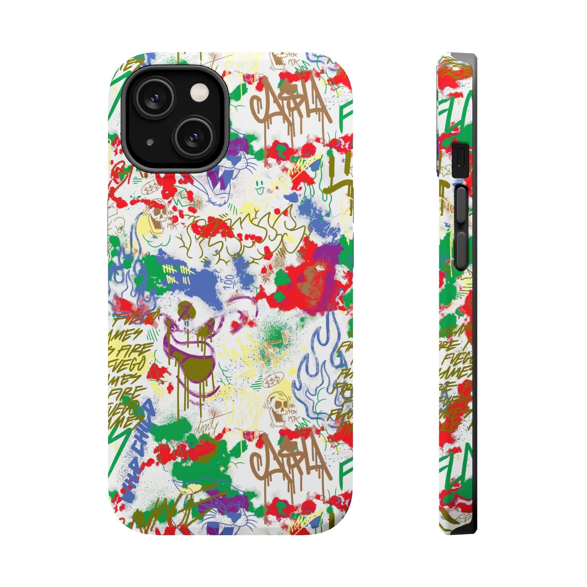 Colorful Graffiti Case for iPhone featuring street art design, a cute phone cover with MagSafe technology.