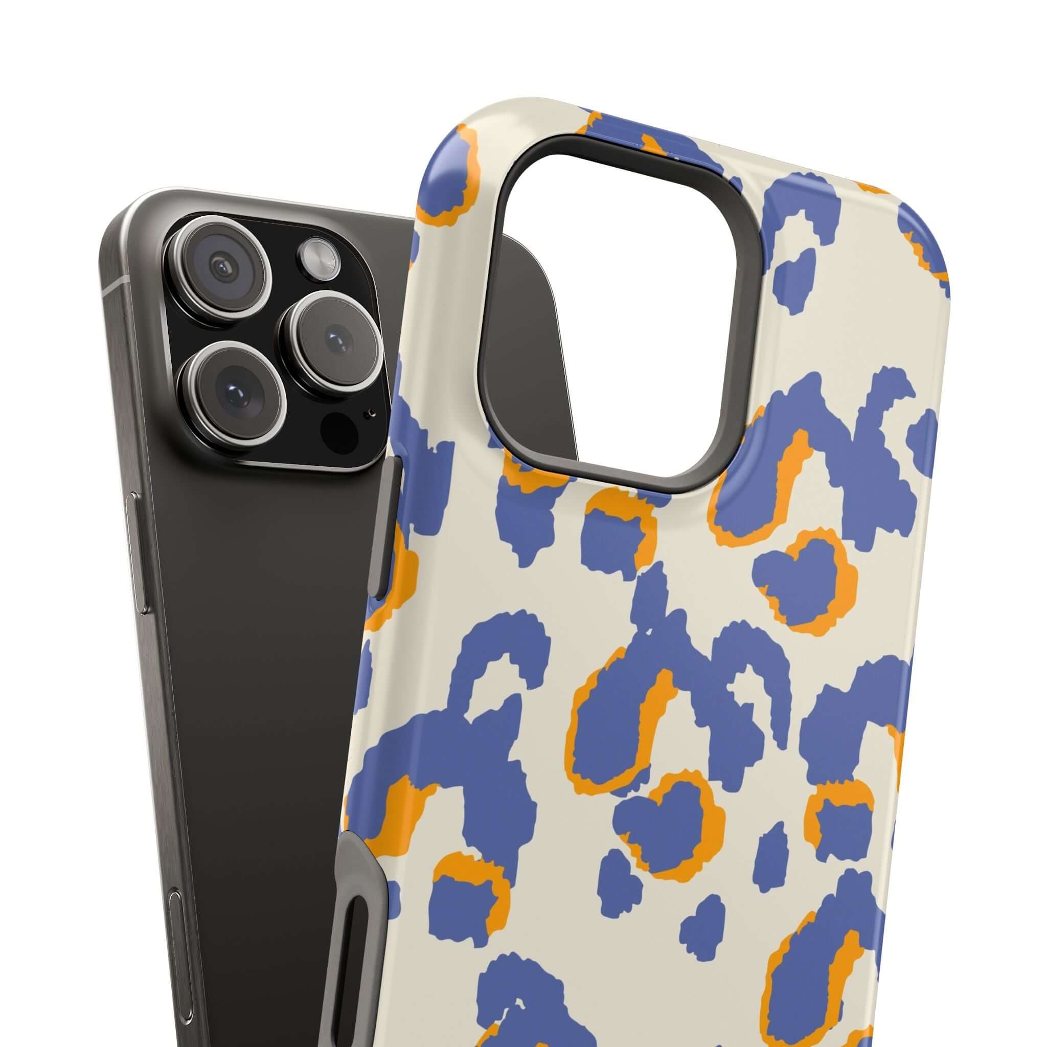 Blue leopard print MagSafe case on an iPhone, showcasing a colorful, abstract design for a cute and stylish phone case.