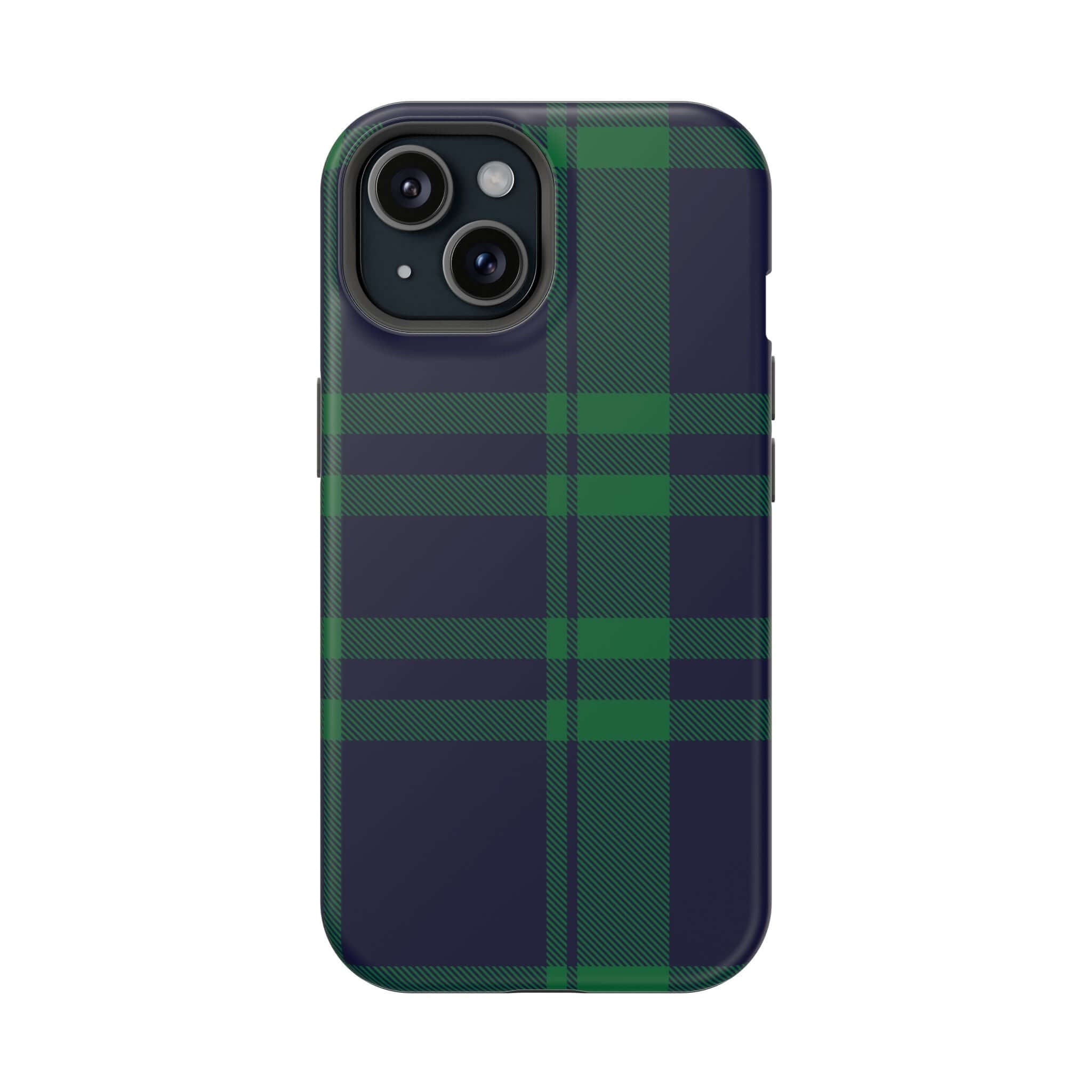 Mistletoe Plaid MagSafe case showcasing a festive green and navy plaid pattern, perfect for the holiday season.