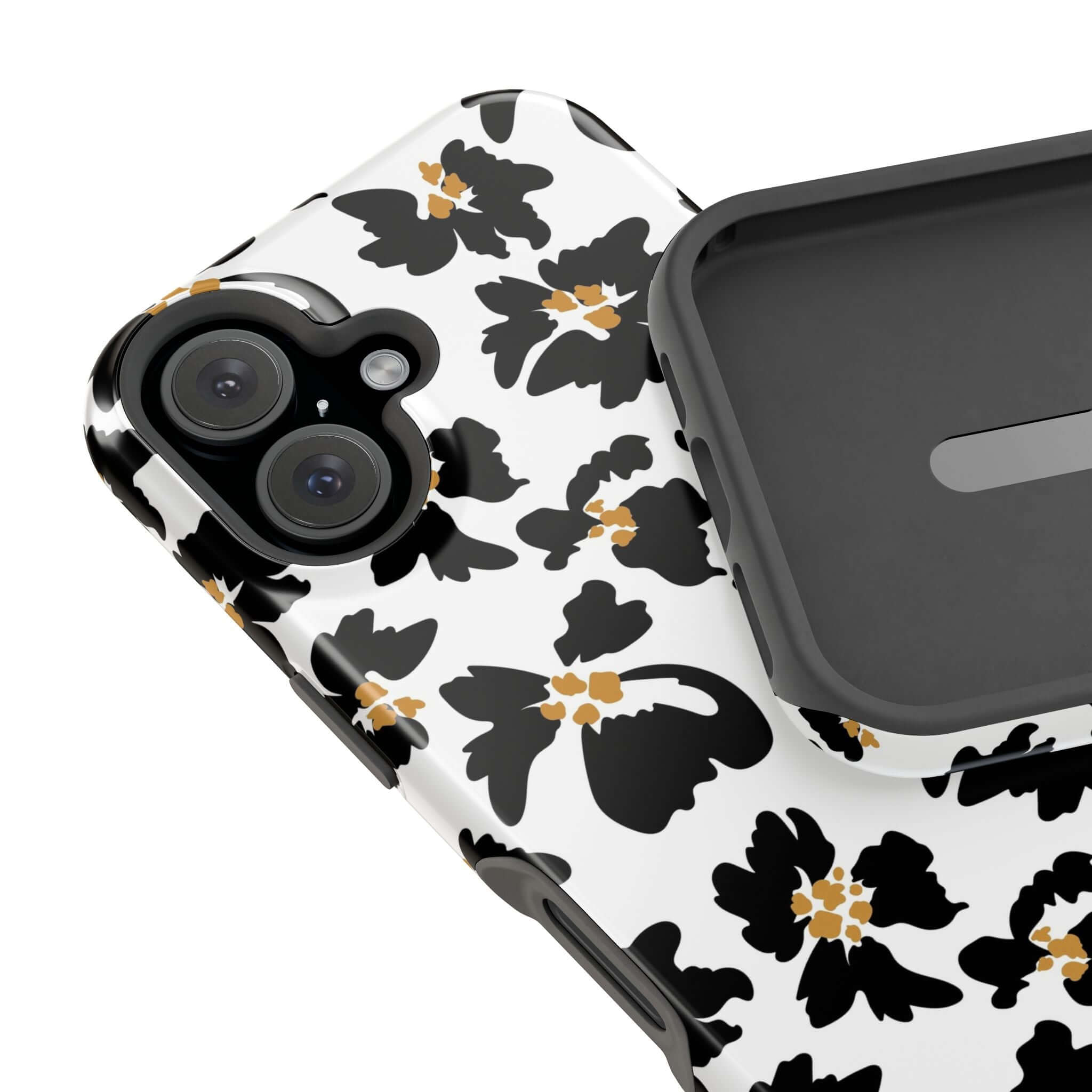 Modern Noir Flora black floral MagSafe iPhone case with cute animal print design, providing stylish protection.