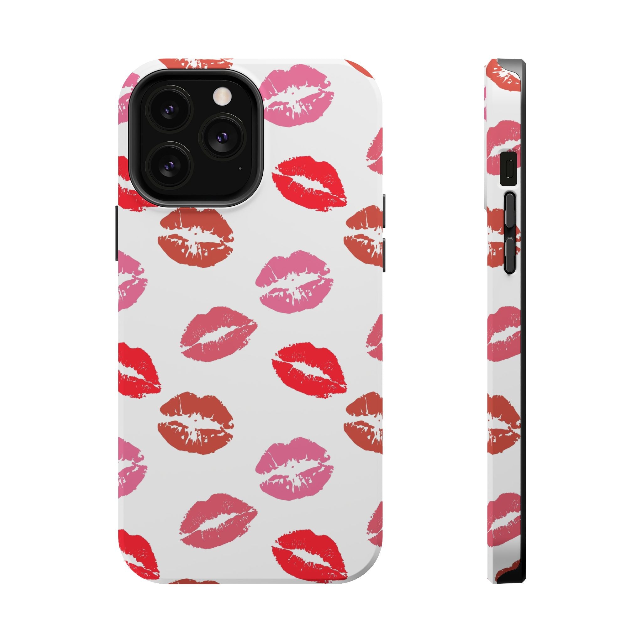 Cute phone cover with colorful kiss prints for iPhone protection, stylish and fun accessory, Pucker Up Kisses case design.