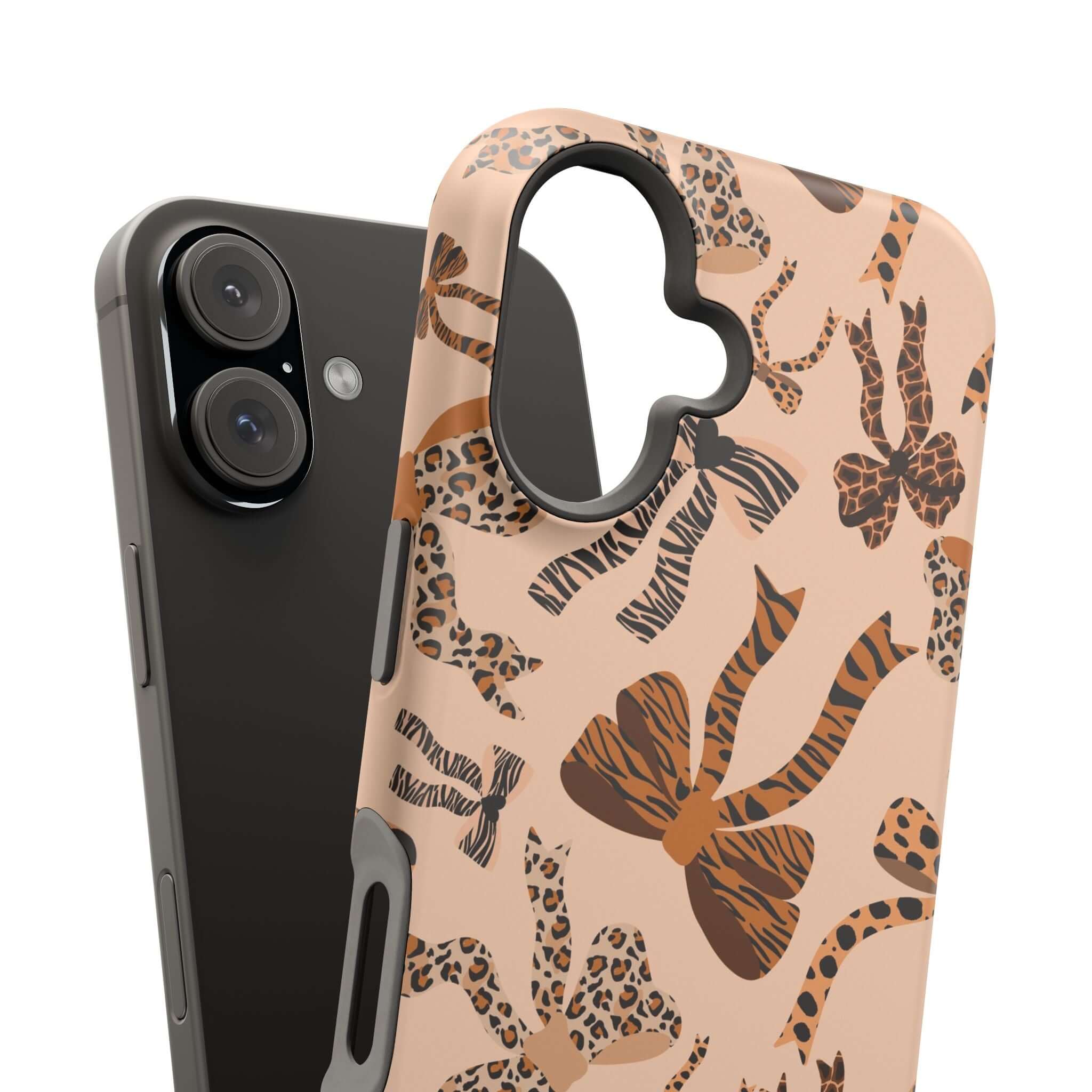 Colorful iPhone case with a leopard bow pattern, Safari Coquette design, MagSafe compatible, cute and abstract phone accessory.