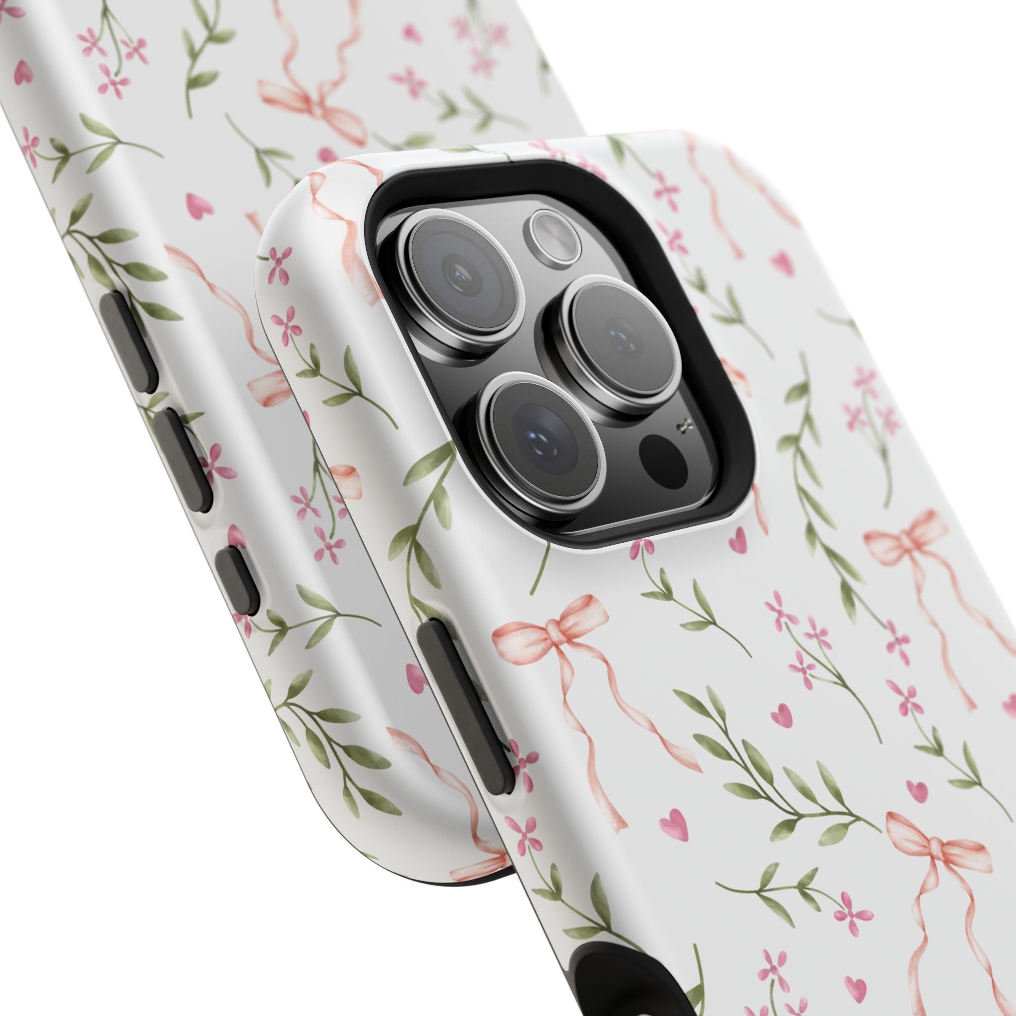 Pink Coquette floral iPhone MagSafe case with bows, perfect cute phone cover from Darling Daydream.