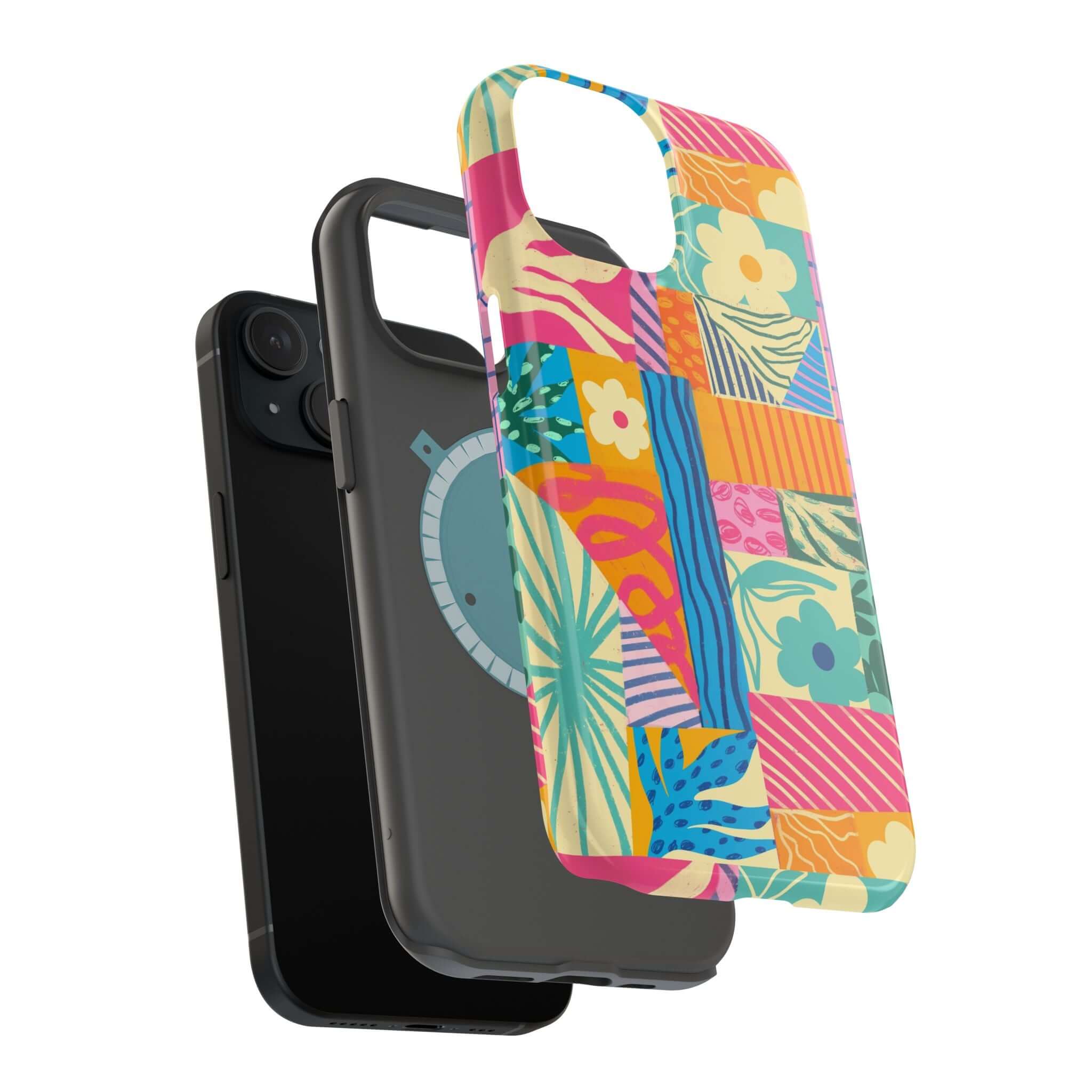 Sunny Tides colorful patchwork case for iPhone 16, showcasing a vibrant, cute design perfect for beach lovers and playful styles.