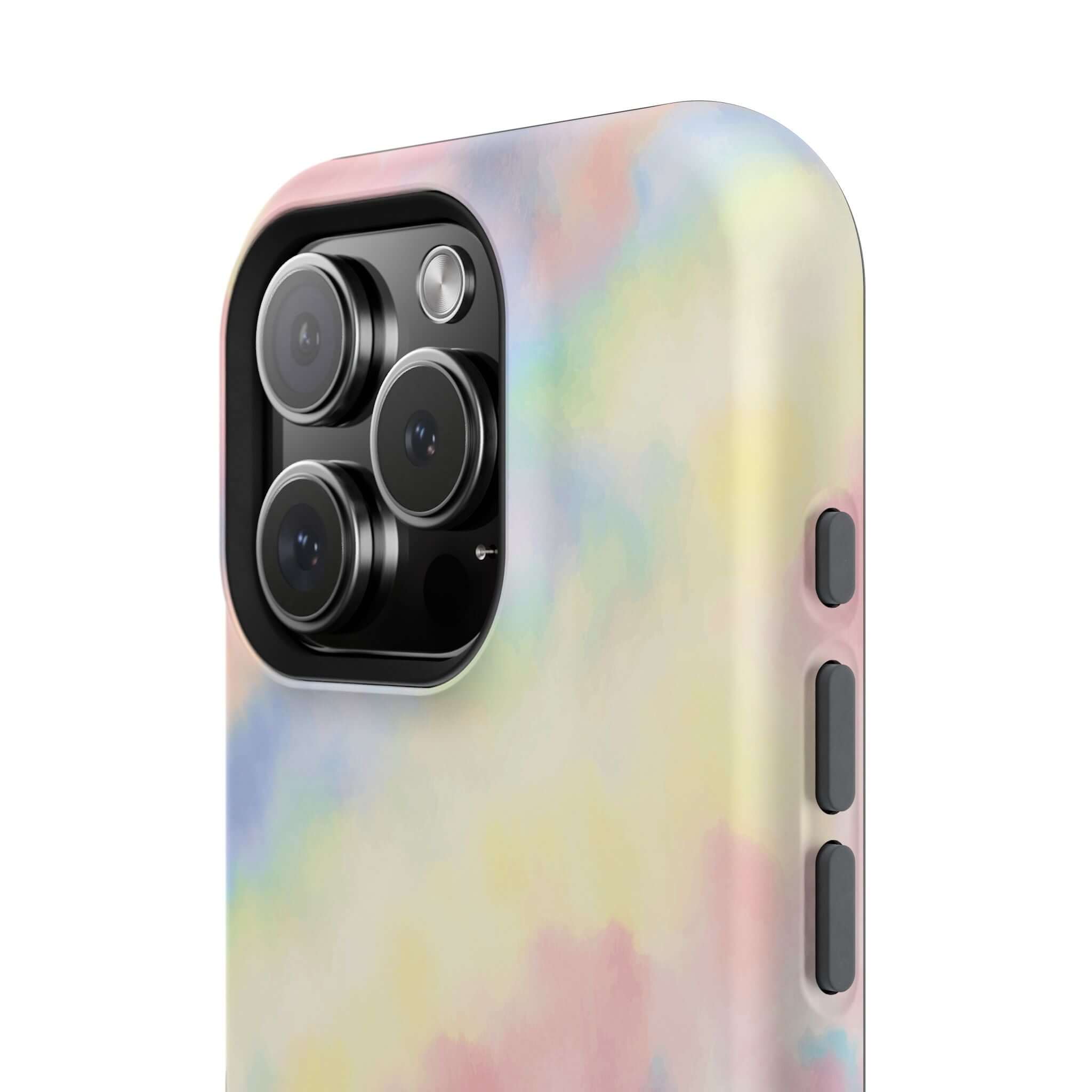 Cute iPhone case with pastel tie dye design showcasing MagSafe compatibility for Unicorn Dreams phone case.