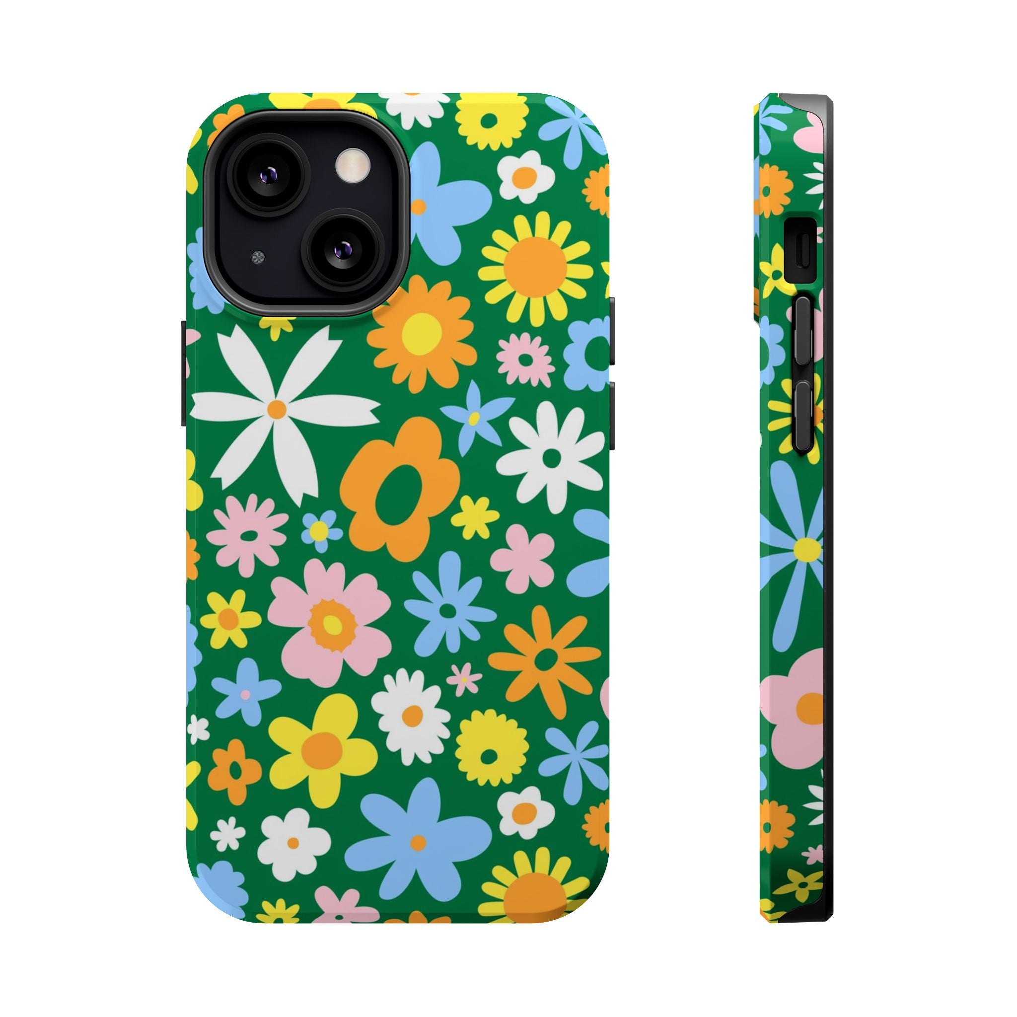 Chasing Blooms hippie floral MagSafe iPhone case with vibrant green and colorful flowers, cute phone cover design.