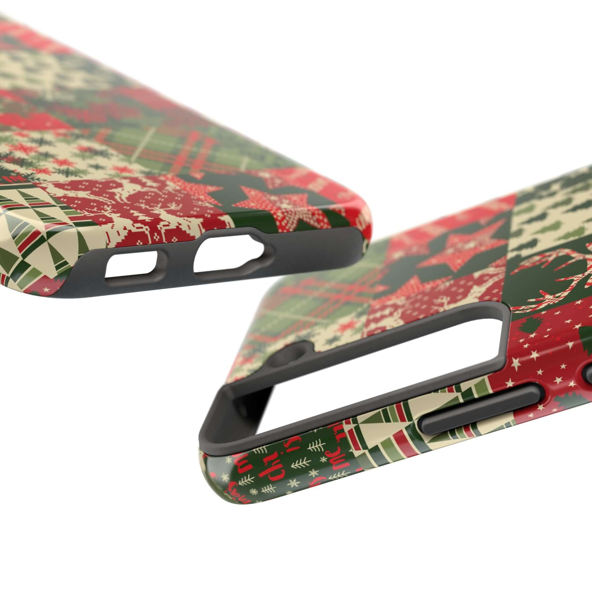 Cute iPhone case with green and red holiday design featuring Christmas trees and sweaters by Cozy Quiltmas.