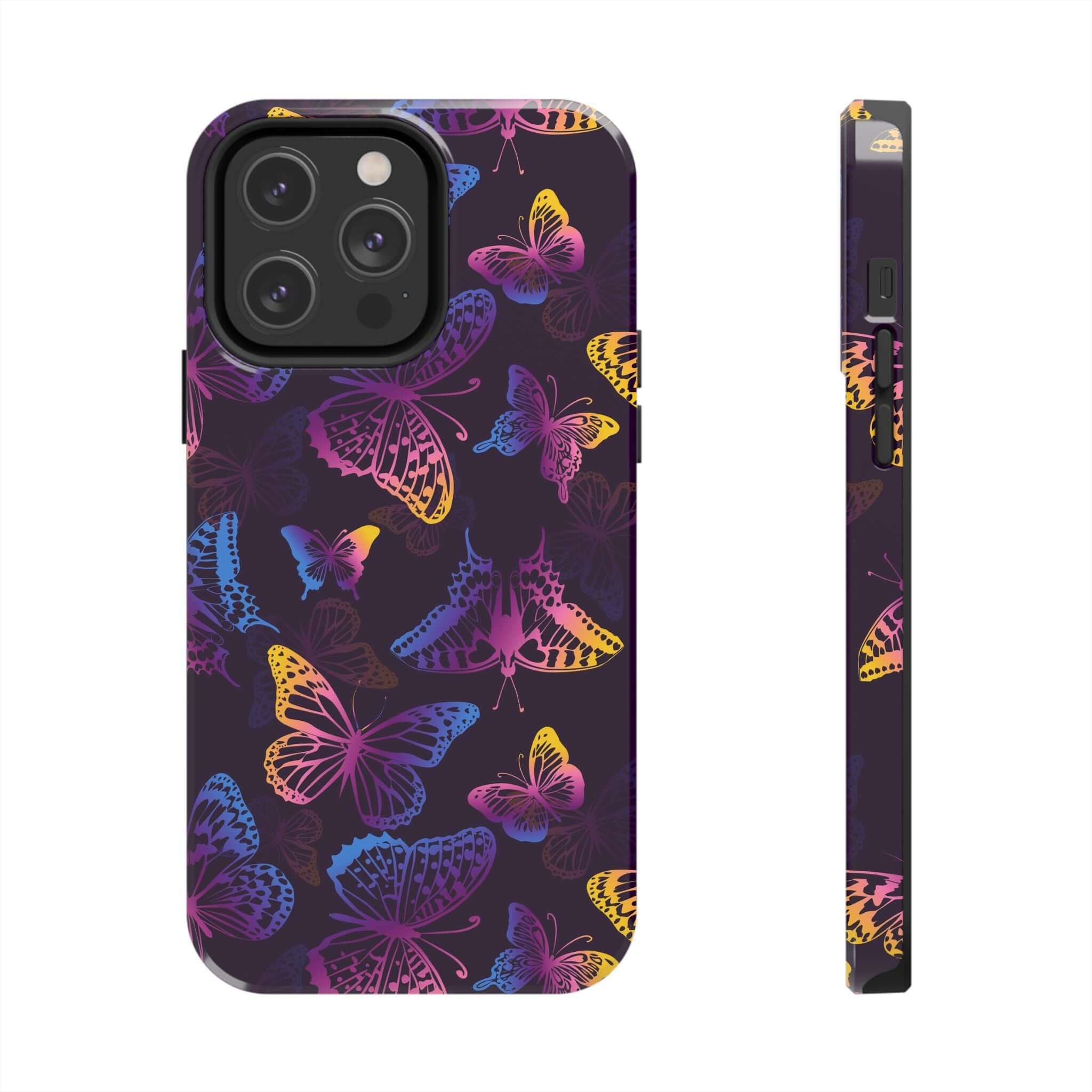 Midnight Flutter black butterfly MagSafe iPhone case, featuring vibrant butterfly design. Cute floral phone cover for a bold, unique look.