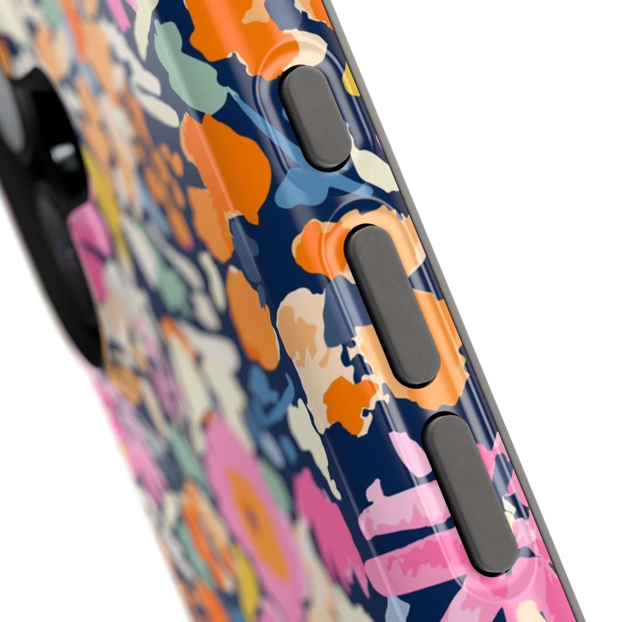 Close-up of colorful Botanic Burst floral MagSafe iPhone 16 case with cute protective design