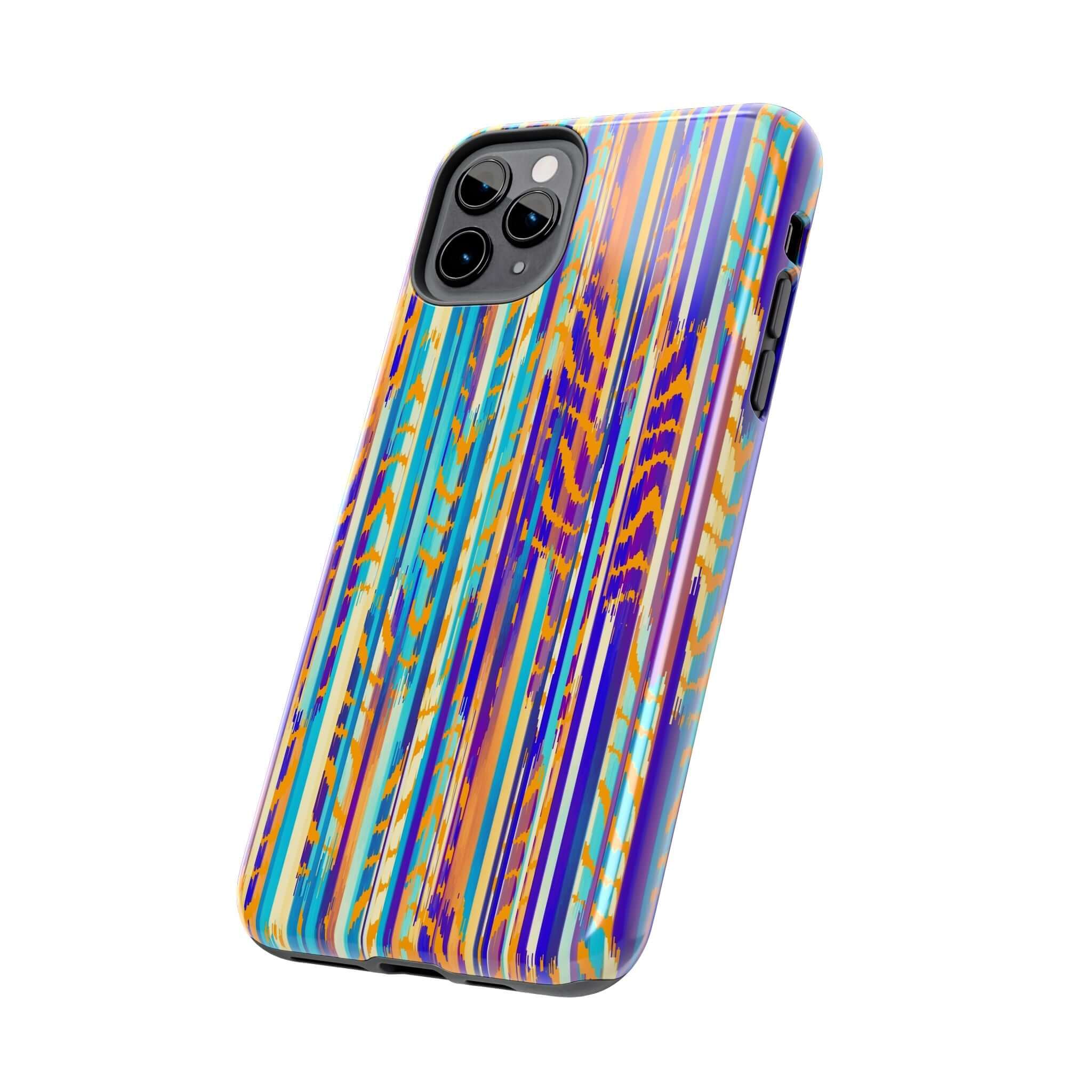 Colorful abstract tie dye iPhone case with vibrant stripes, cute and unique design for phone protection and style.