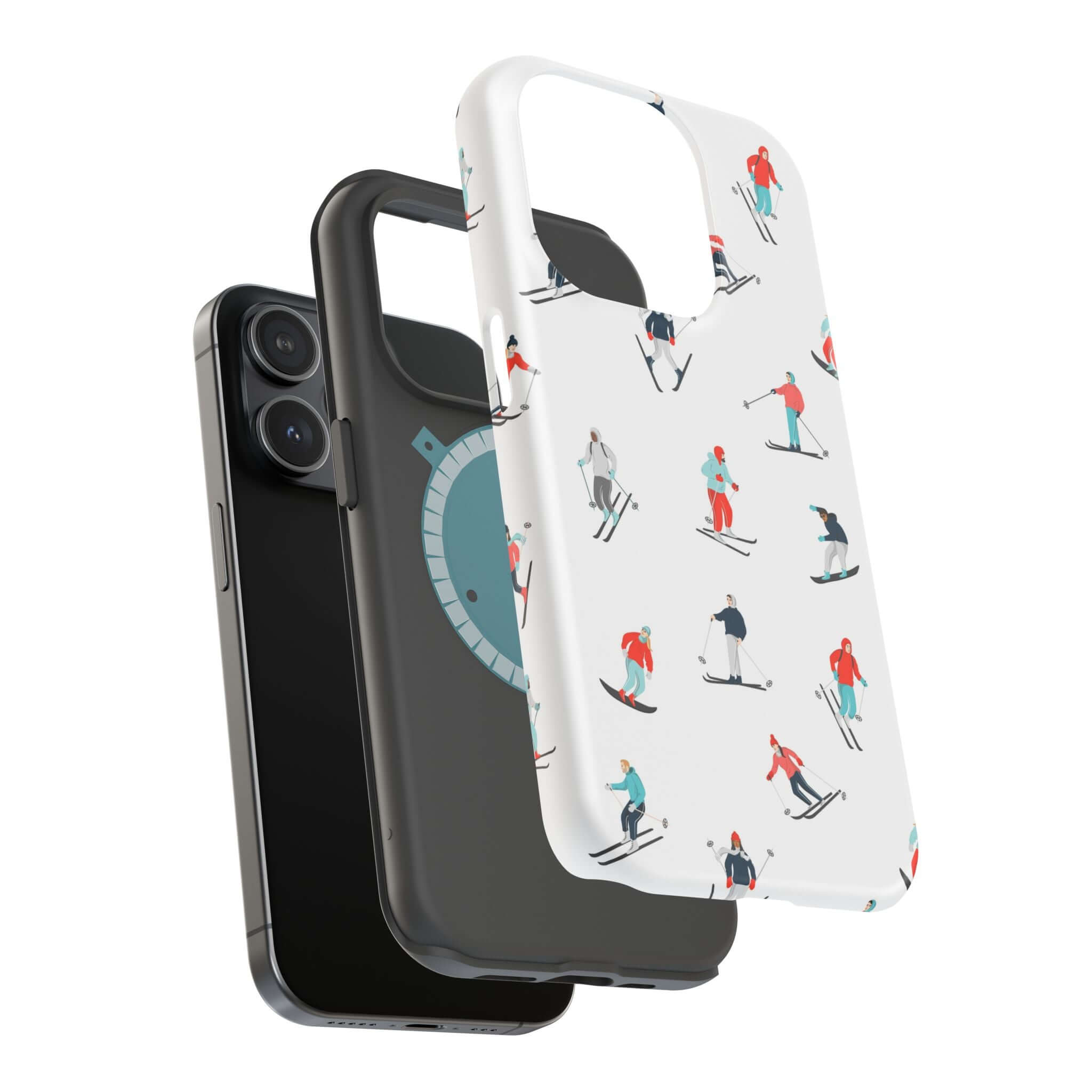 Cute phone covers featuring a fun skiing design and a sleek black case, perfect for winter sports lovers.